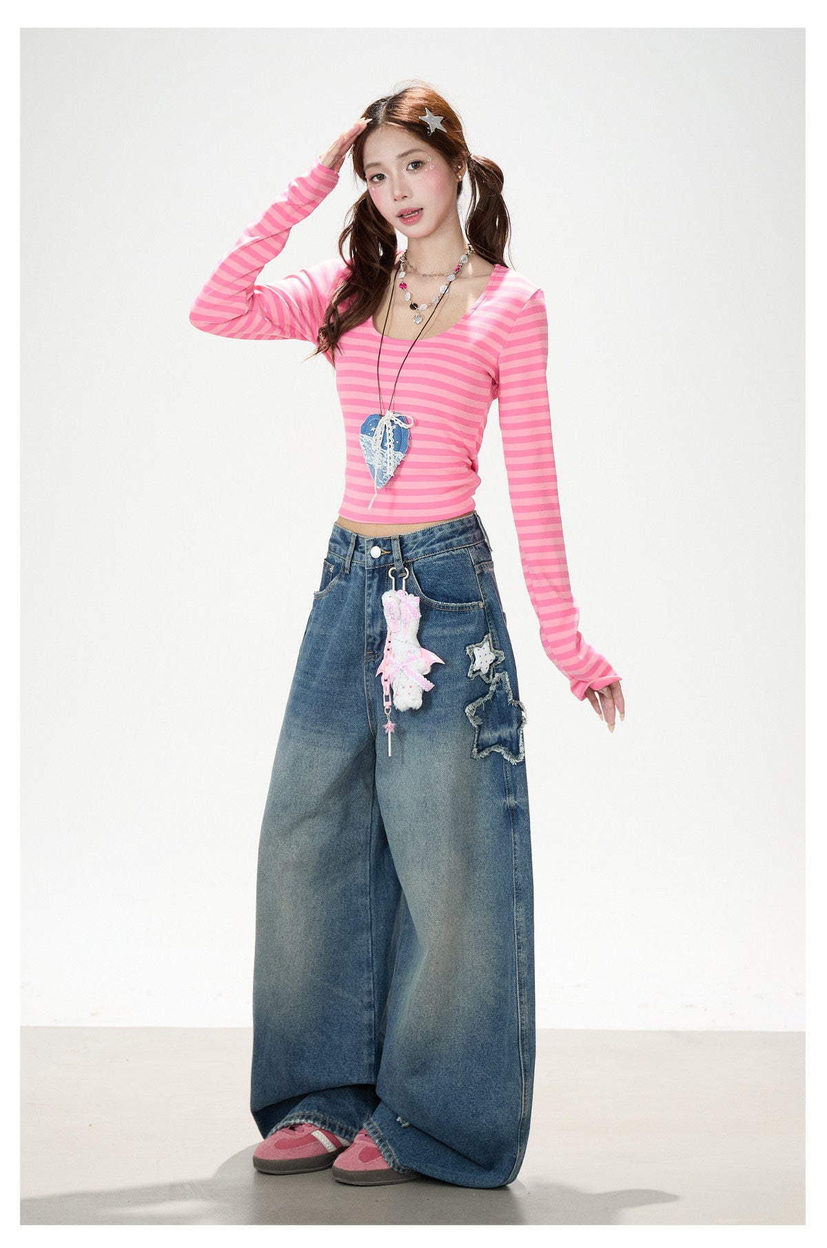 Pink Stripe U-Neck Long Sleeve Top & Star Patch Wide-Leg Jeans