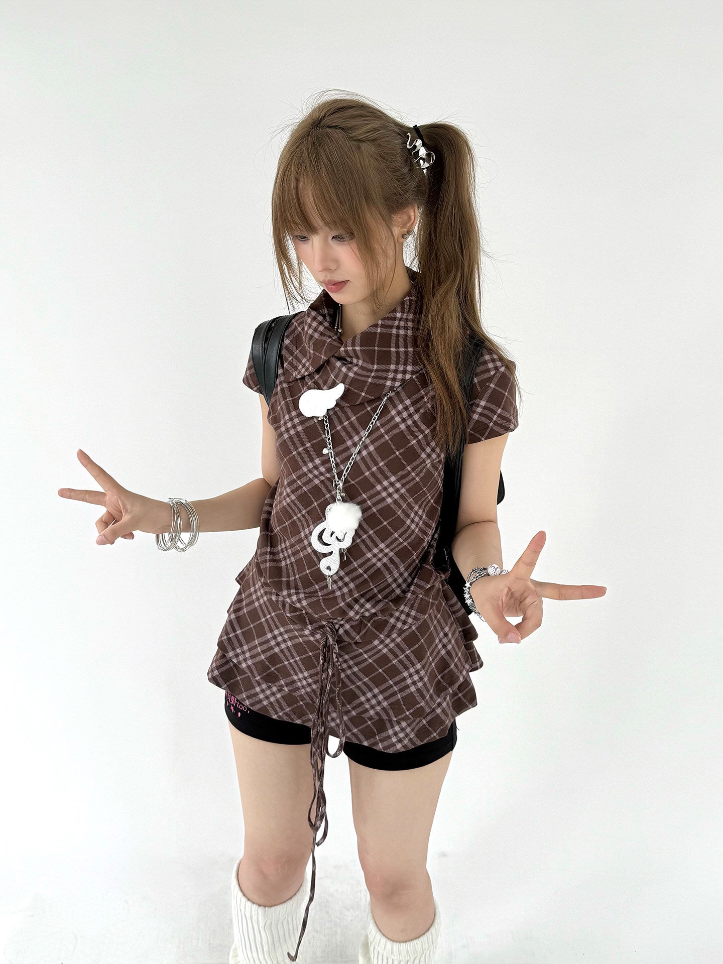 Brown Plaid Drawstring Ruffle-Collar Tunic Top