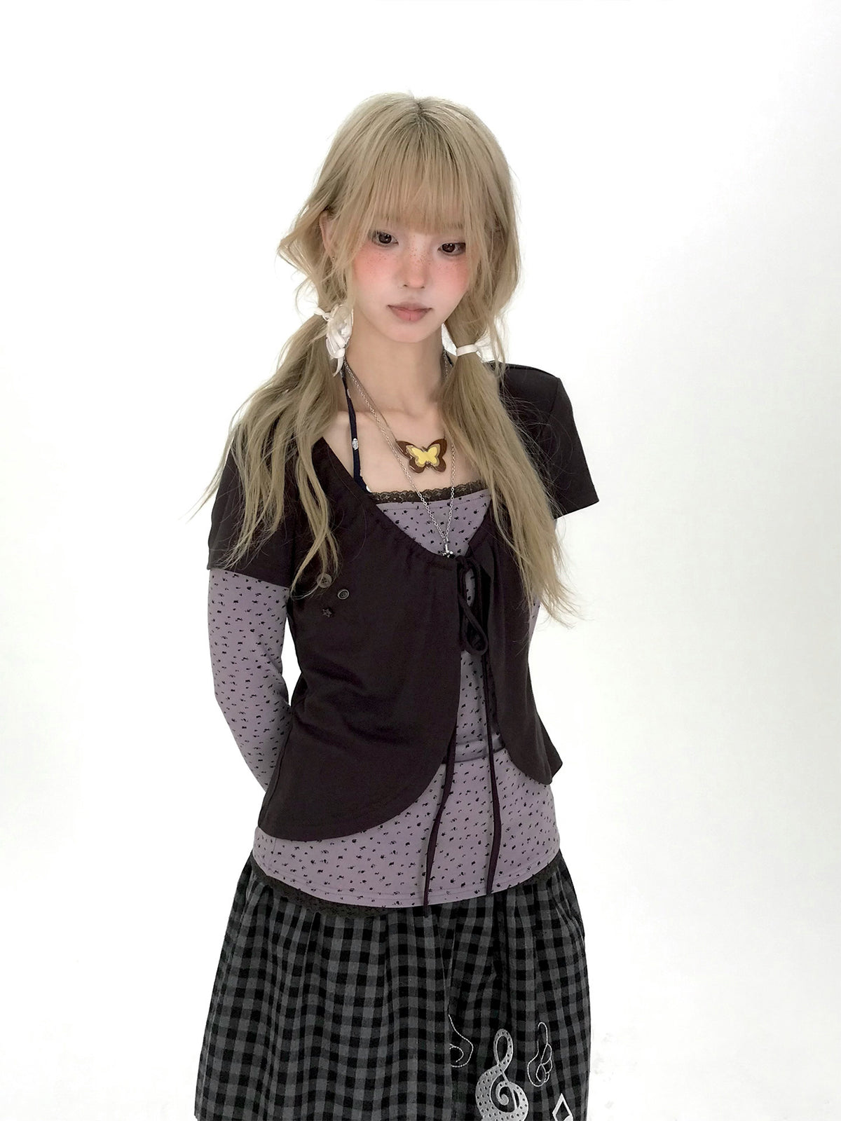 Striped Polka Dot Faux-Layered Button Long Sleeve Top
