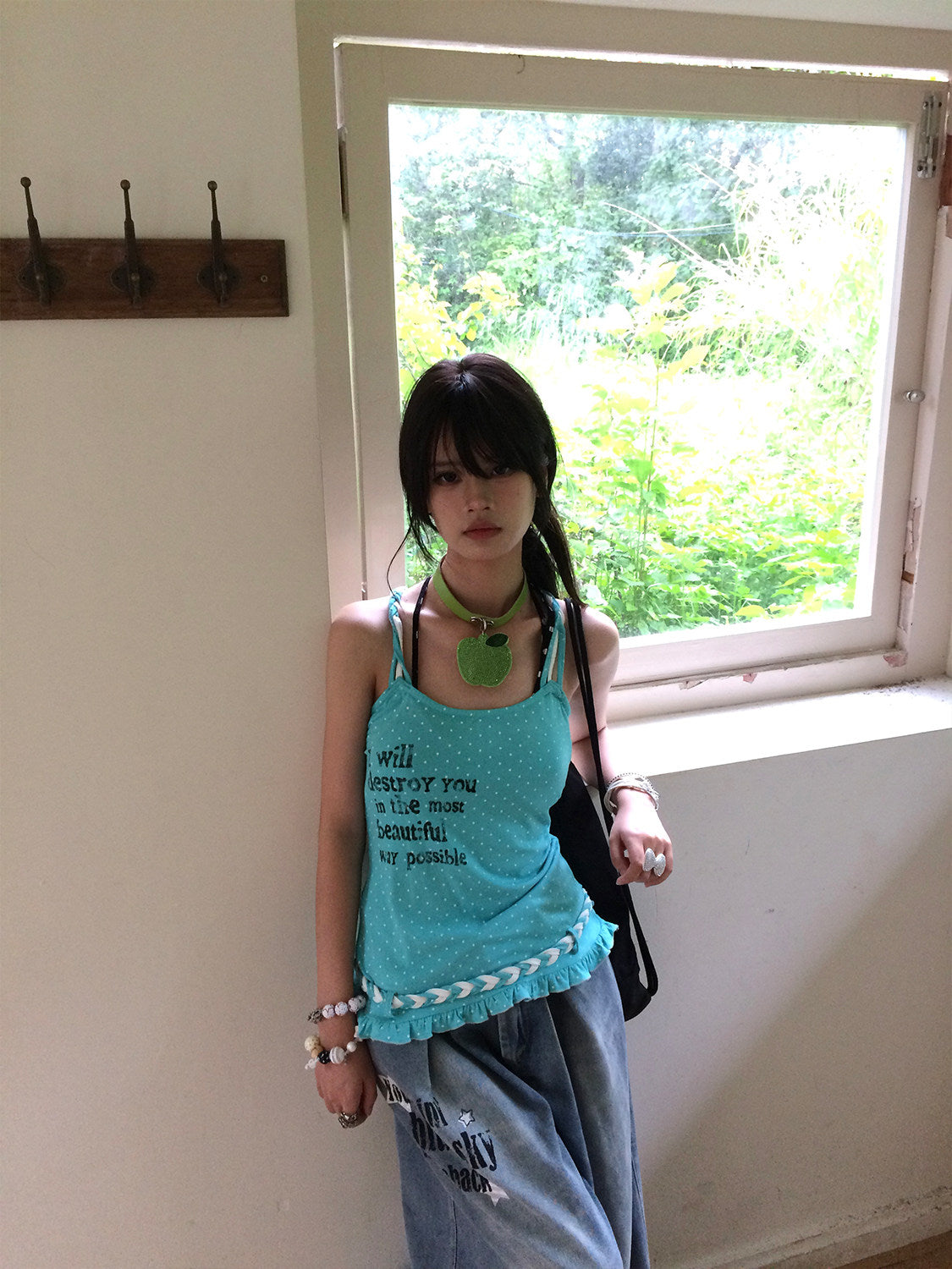 Aqua Polka Dot Braided Ruffle Tank Top