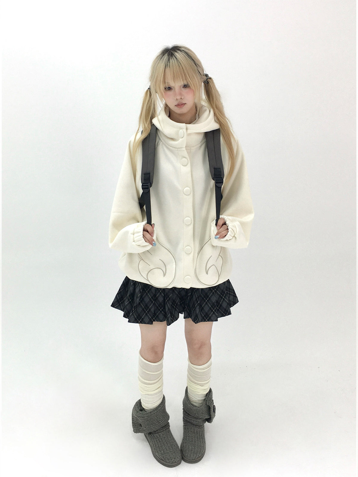 Dusty Blue & Ivory Fleece-Lined Cat Ear Wing Pocket Hooded Jacket