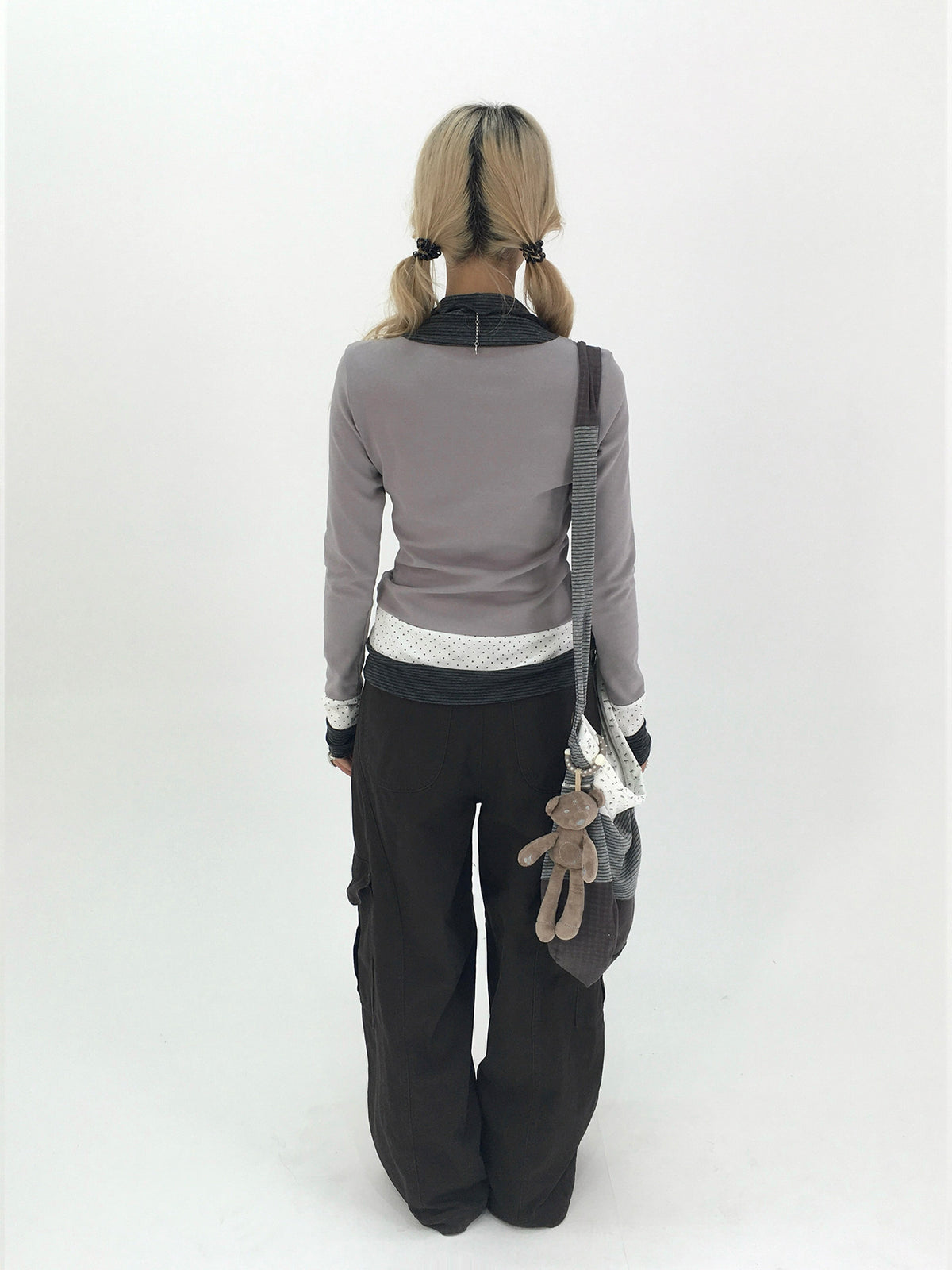 Mist Gray Polka Dot & Stripe Faux-Layer Long Sleeve Top