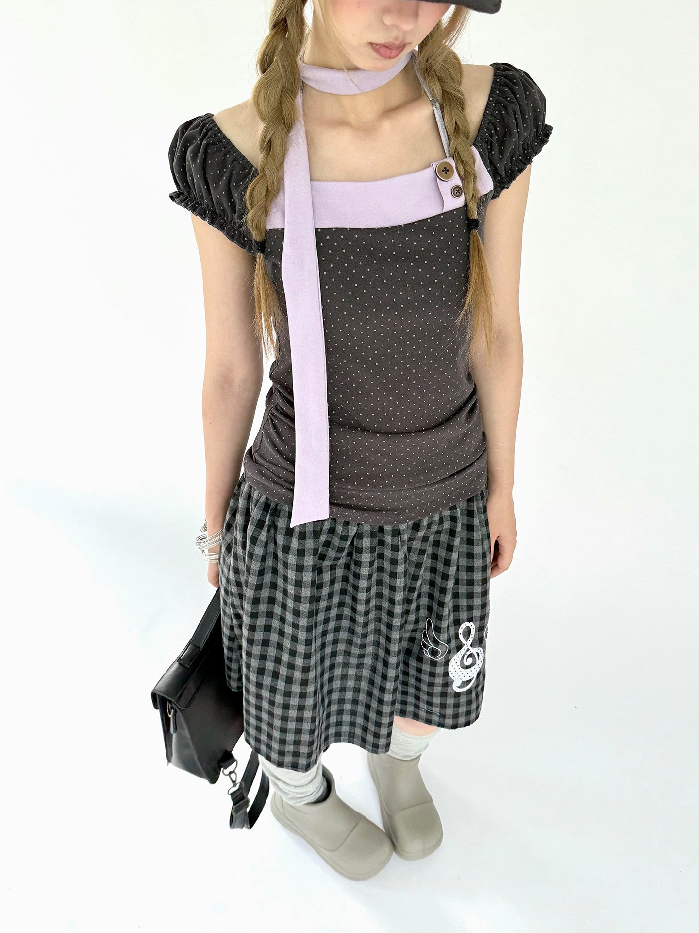 Lavender Bow Polka Dot Fitted Puff-Sleeve Top