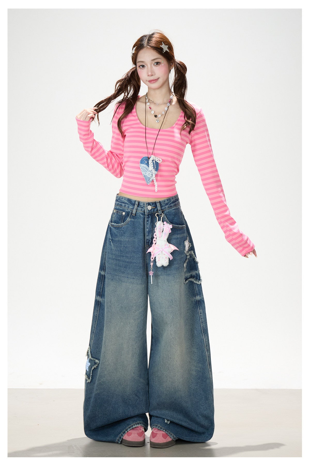 Pink Stripe U-Neck Long Sleeve Top & Star Patch Wide-Leg Jeans