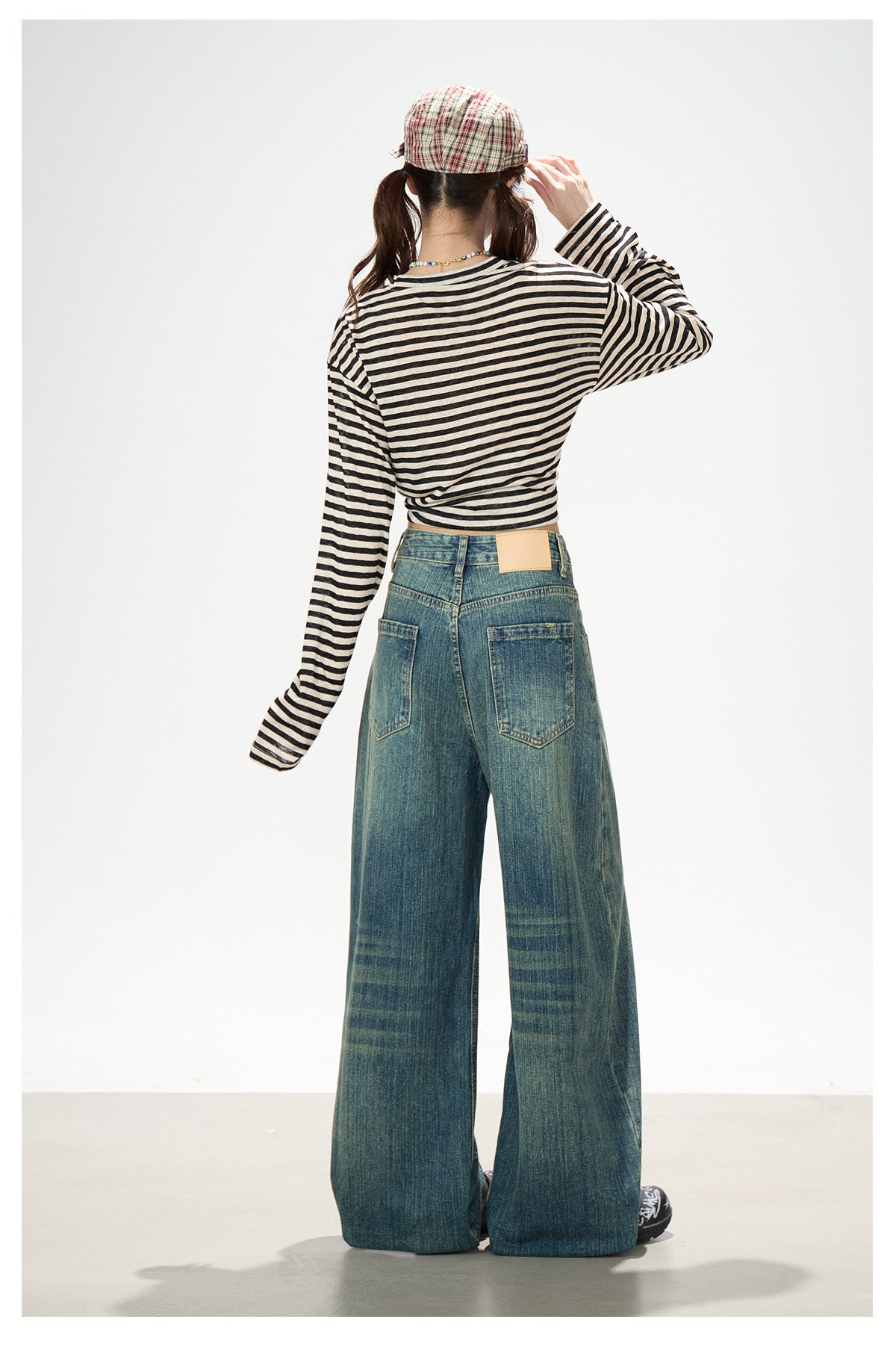 Distressed Striped Long Sleeve Top & Graphic Wide-Leg Pants