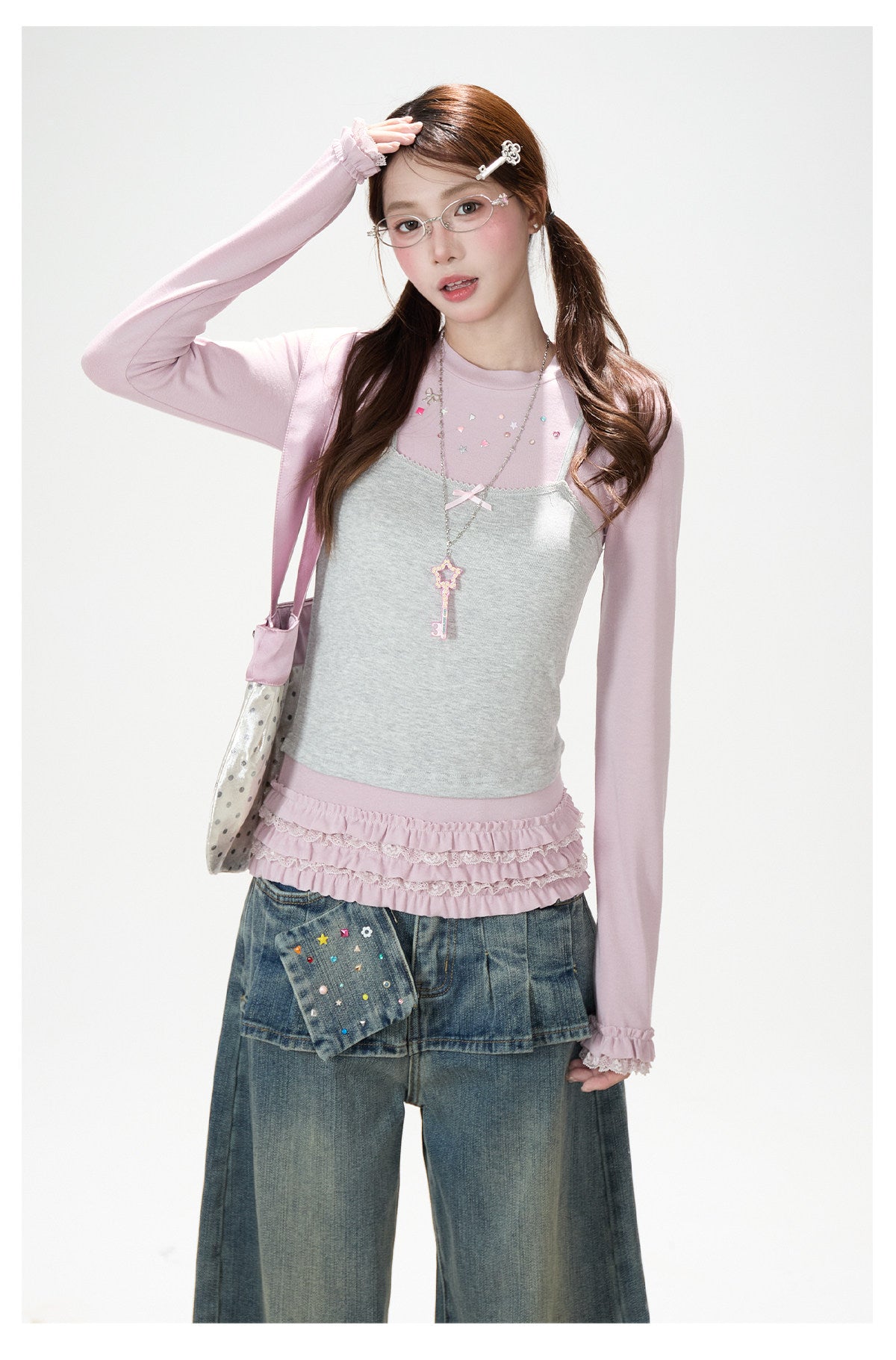 Gray-Pink Faux-Layered Lace Ruffle Long Sleeve Top