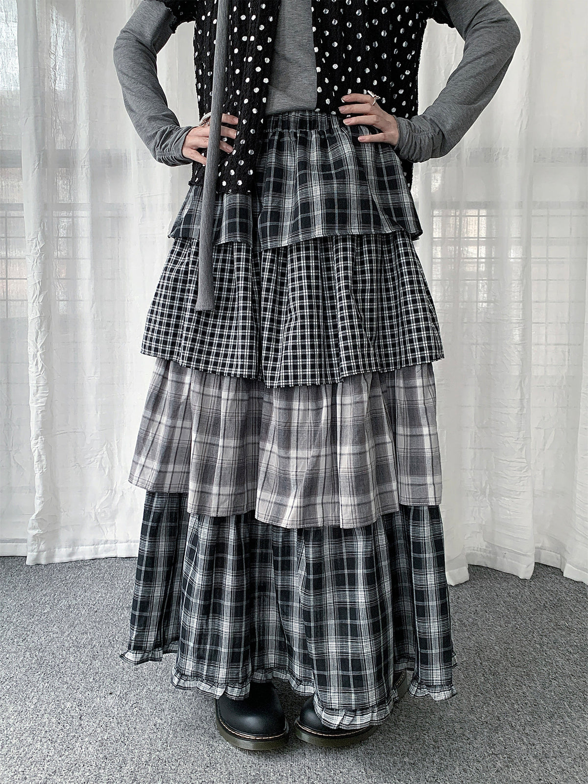 Mixed Plaid Tiered Maxi Skirt