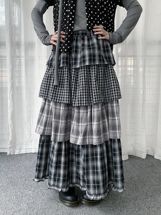 Mixed Plaid Tiered Maxi Skirt