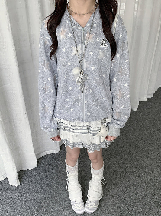 Gray Star Print Lightweight Zip-Up Hoodie