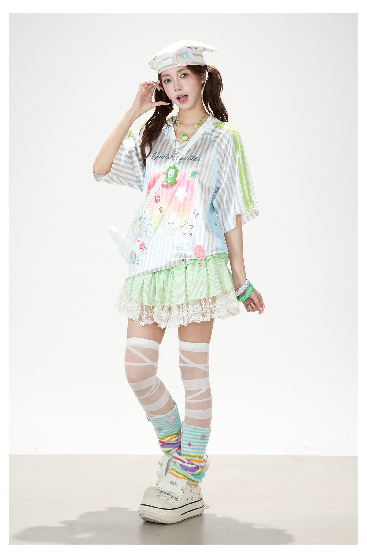 Striped Kitty Graphic V-Neck Tee & Layered Gingham Ruffle Skirt