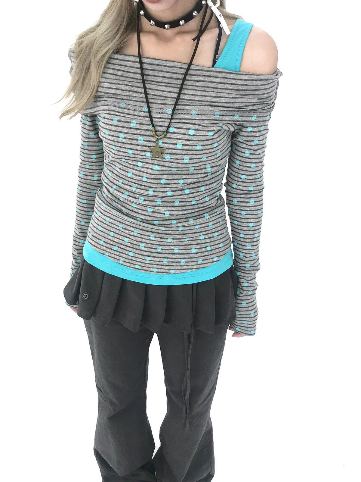 Polka Dot Asymmetric Layered Long Sleeve Top
