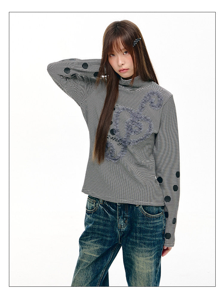 Lace Music Note Appliqué Mock Neck Long Sleeve Top