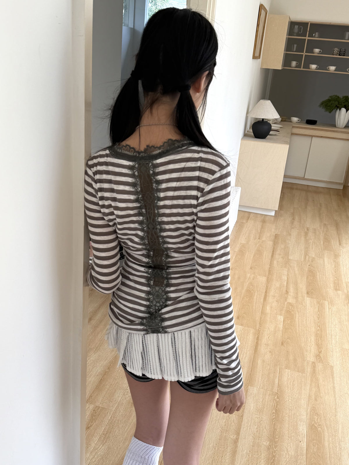 Gray Stripe Lace V-Neck Graphic Long Sleeve Tee