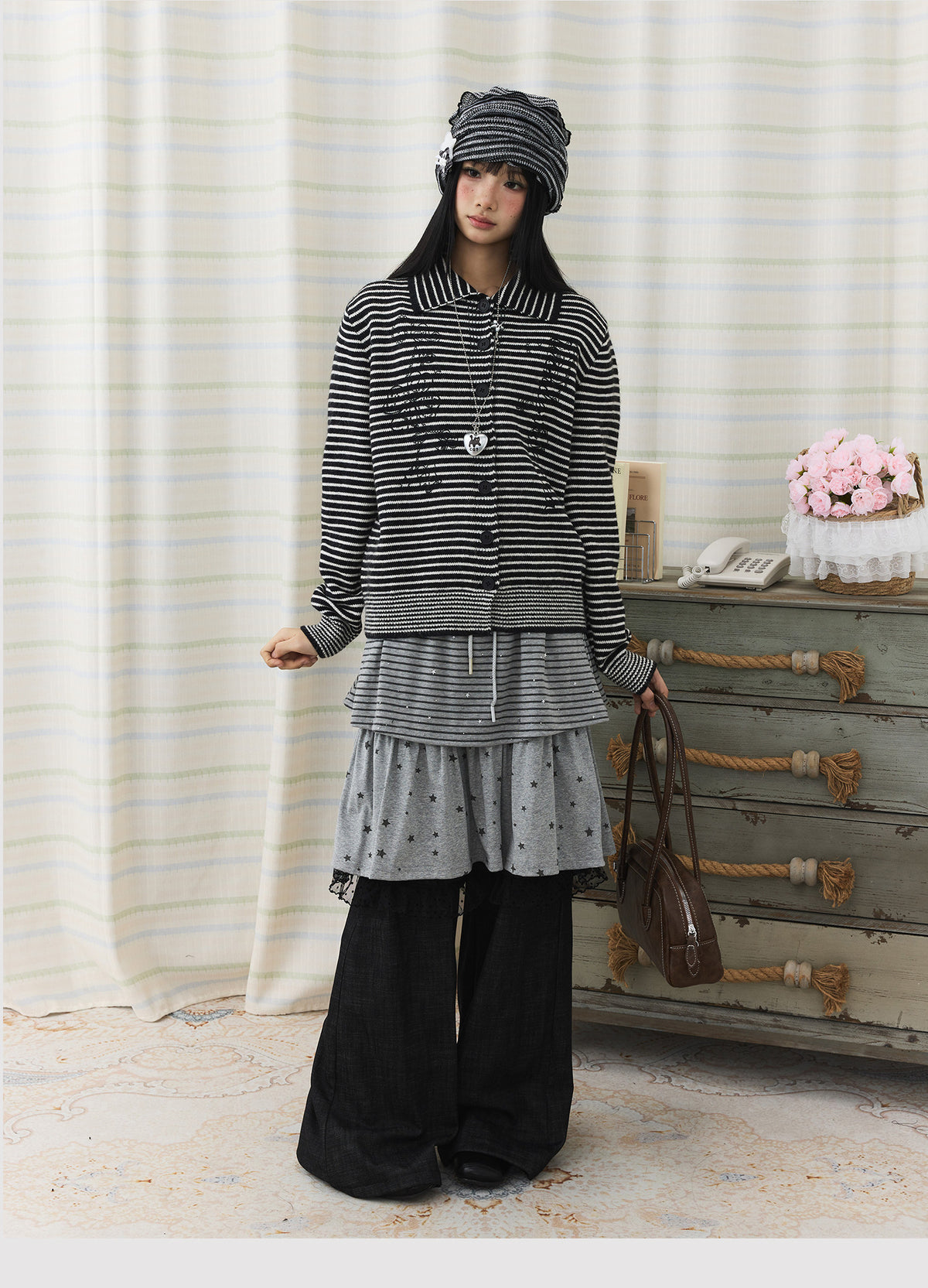 Star Stripe Layered Skirt Wide-Leg Pants