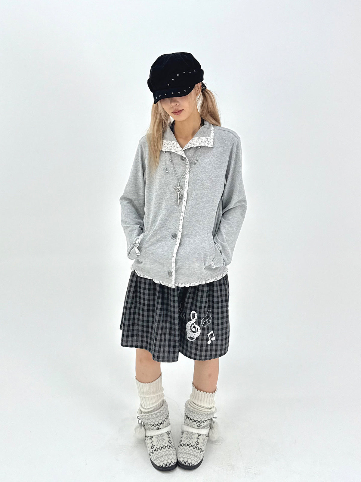 Floral-Trim Stand Collar Button Cardigan