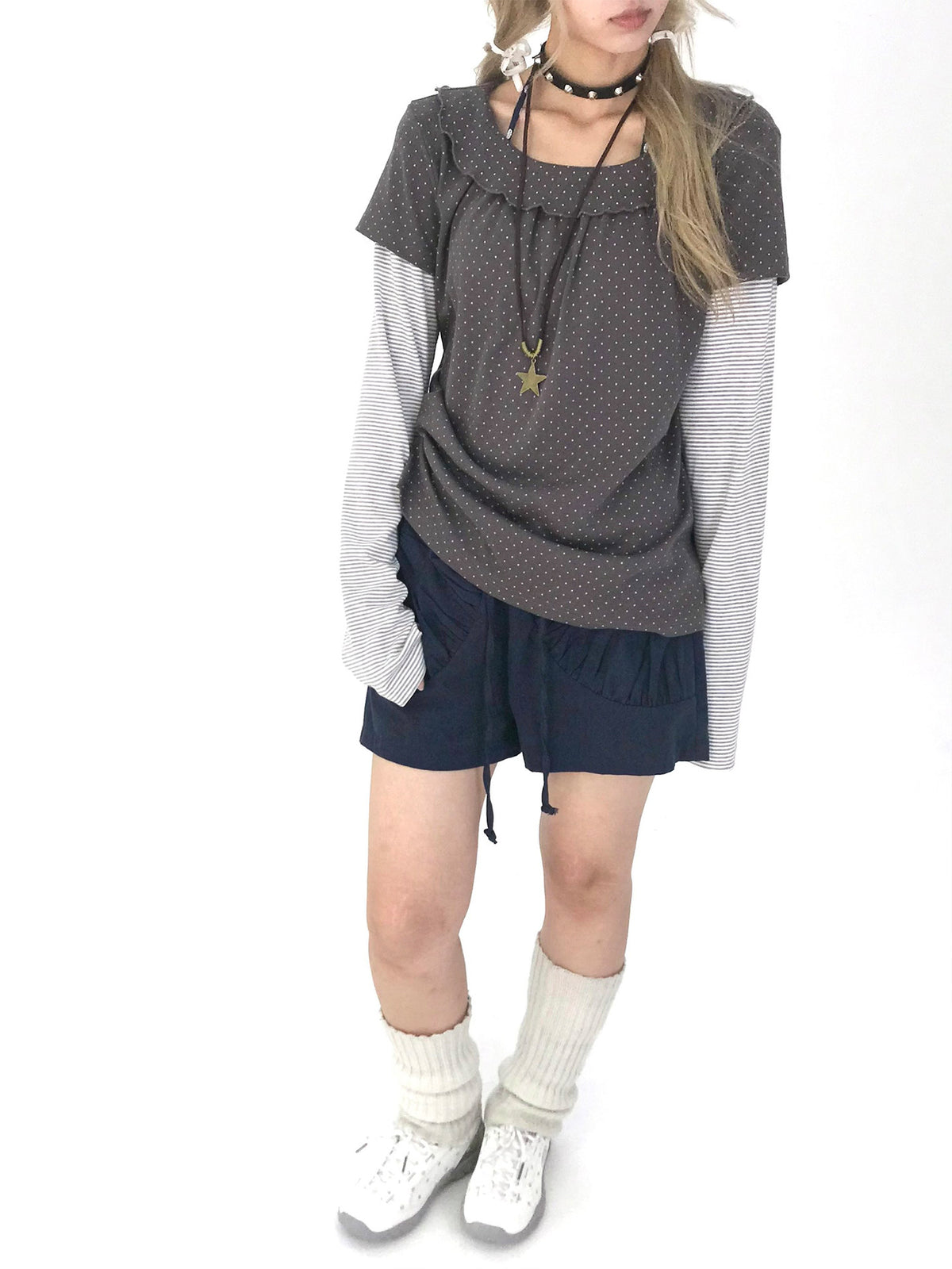Polka Dot Striped Ruffle Layered Long Sleeve Top