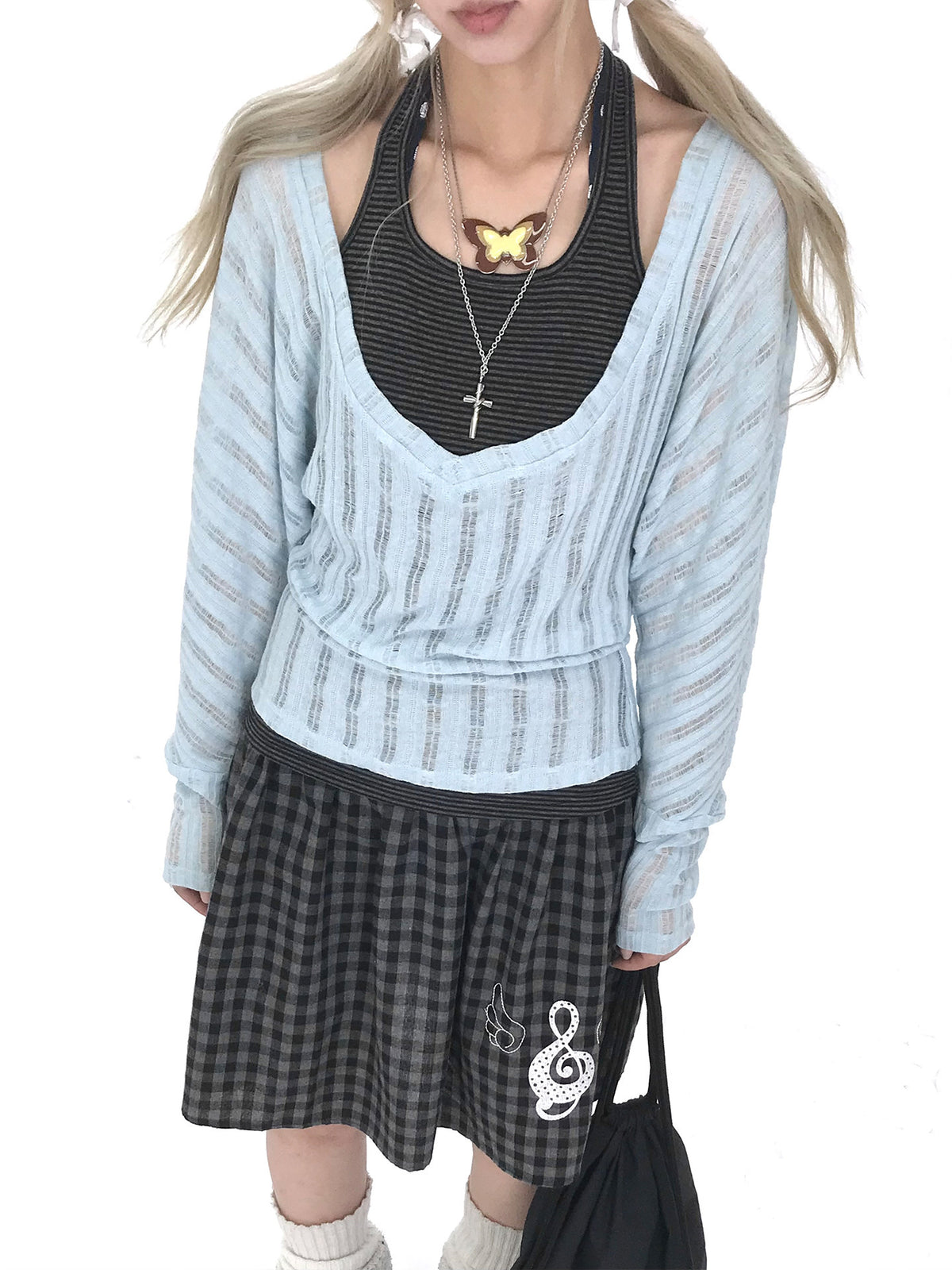 Icy Blue Striped Halter-Layered Long Sleeve Top