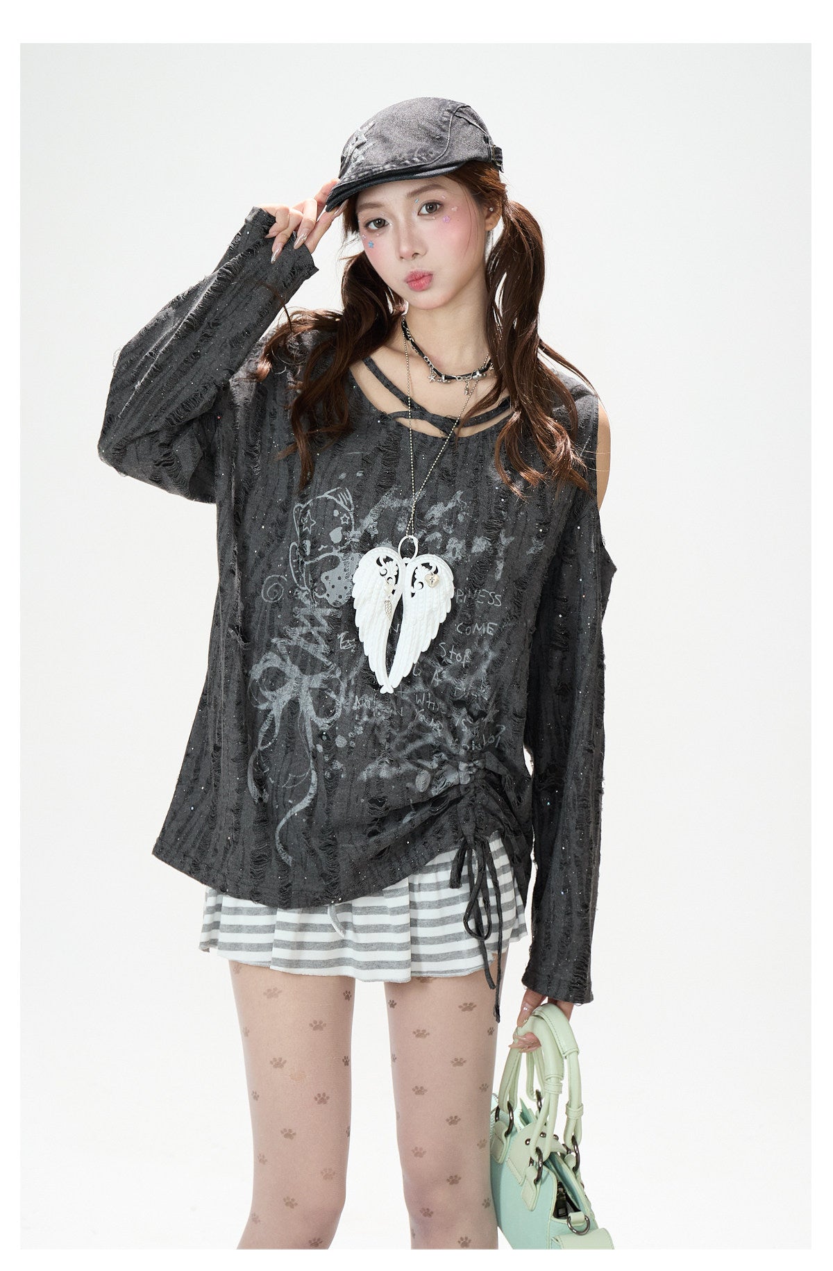Distressed Cartoon Off-Shoulder Long Sleeve Top & Black Striped Mini Skirt