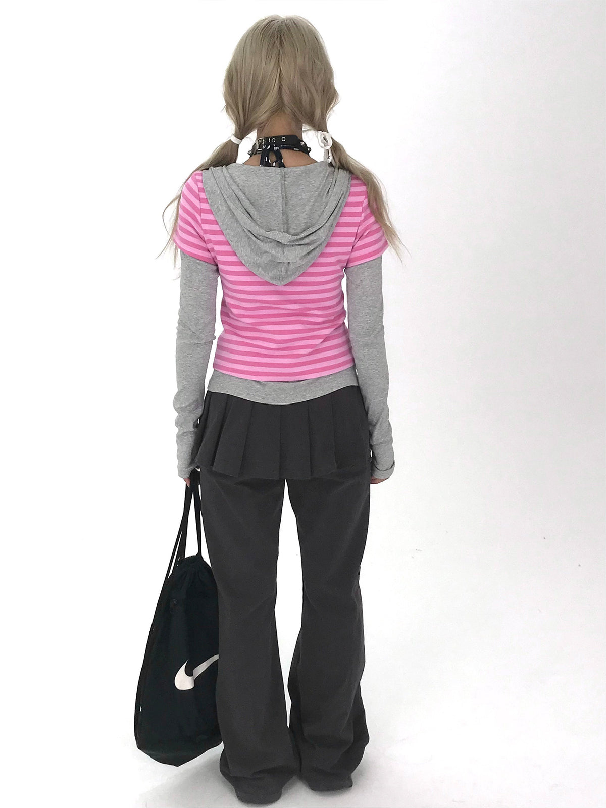 Striped Faux-Layered Hooded Long Sleeve Top