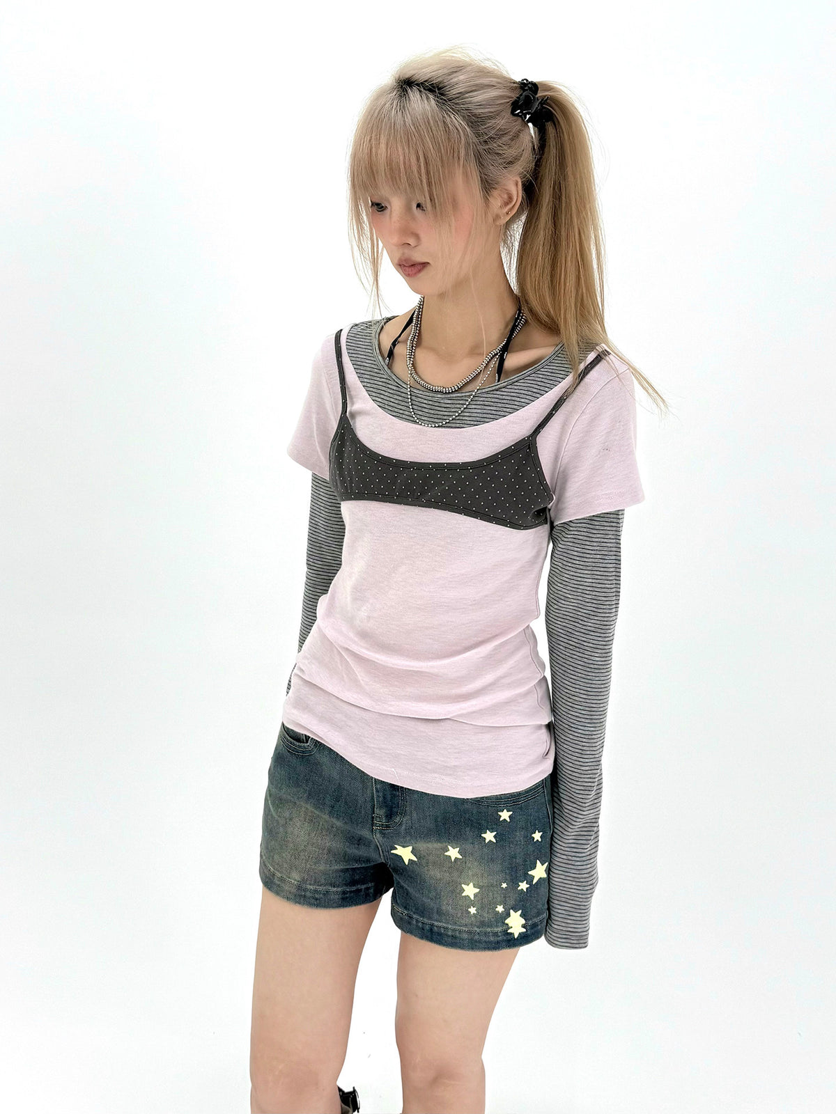 Star Print Washed Low-Rise Denim Shorts