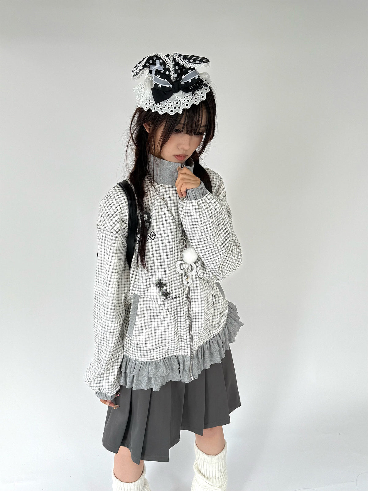 Sugar Check Graphic Ruffle-Hem Zip-Up Jacket