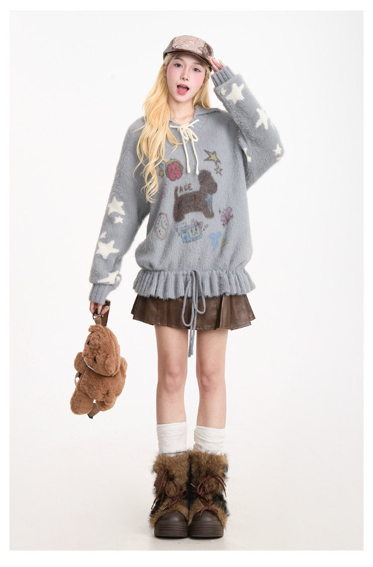 Puppy Graphic Bow-Collar Oversized Knit Sweater