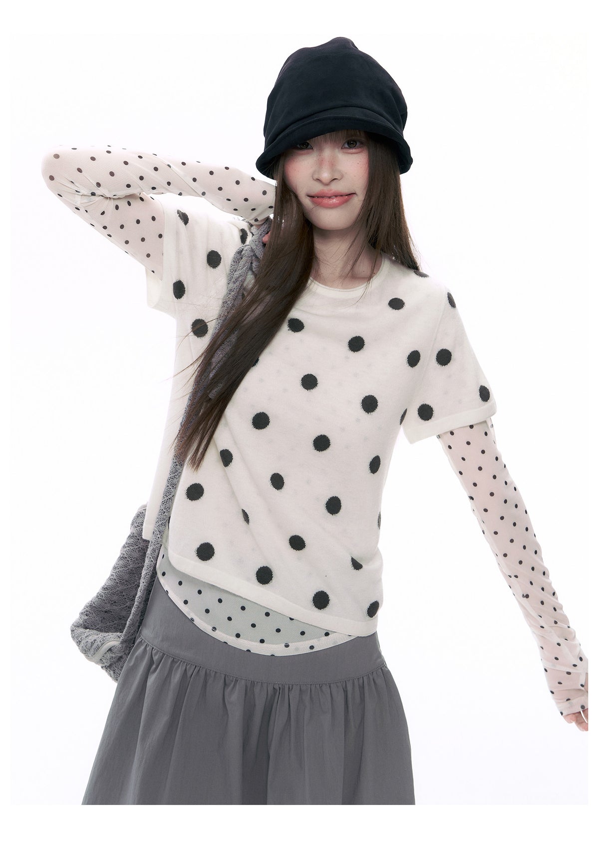 Polka Dot Wool-Blend Short Sleeve Knit Top