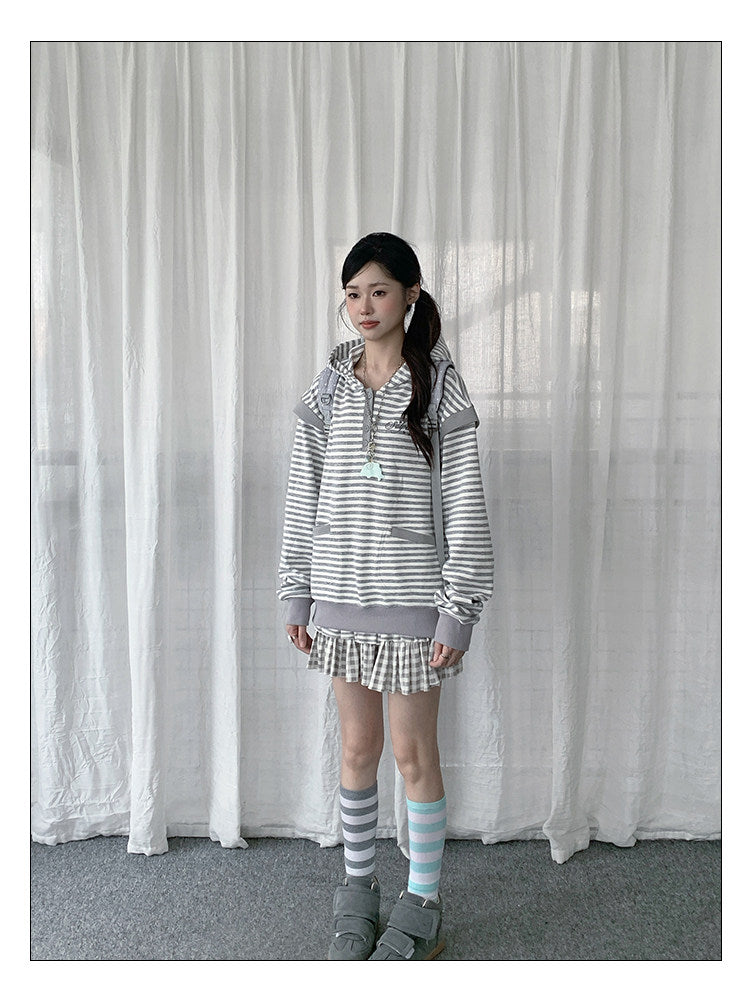 Striped Half-Placket Hooded Pullover