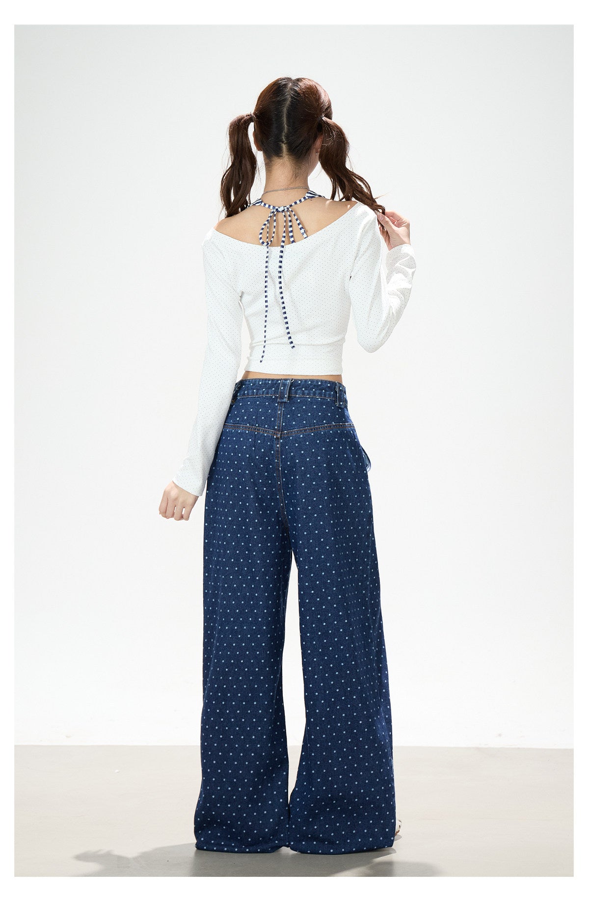 Dolphin Embroidered Polka Dot Wide-Leg Jeans