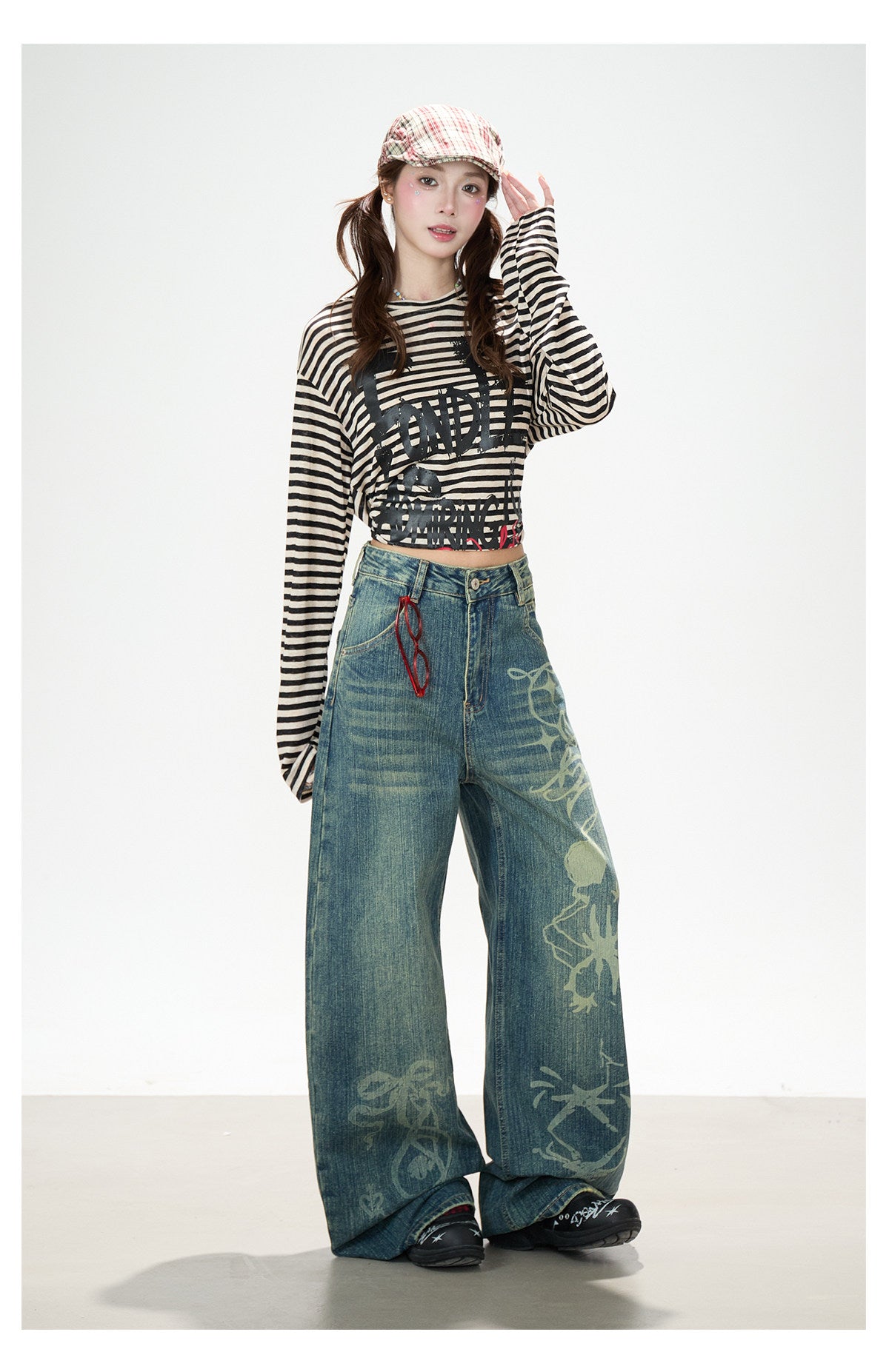 Distressed Striped Long Sleeve Top & Graphic Wide-Leg Pants