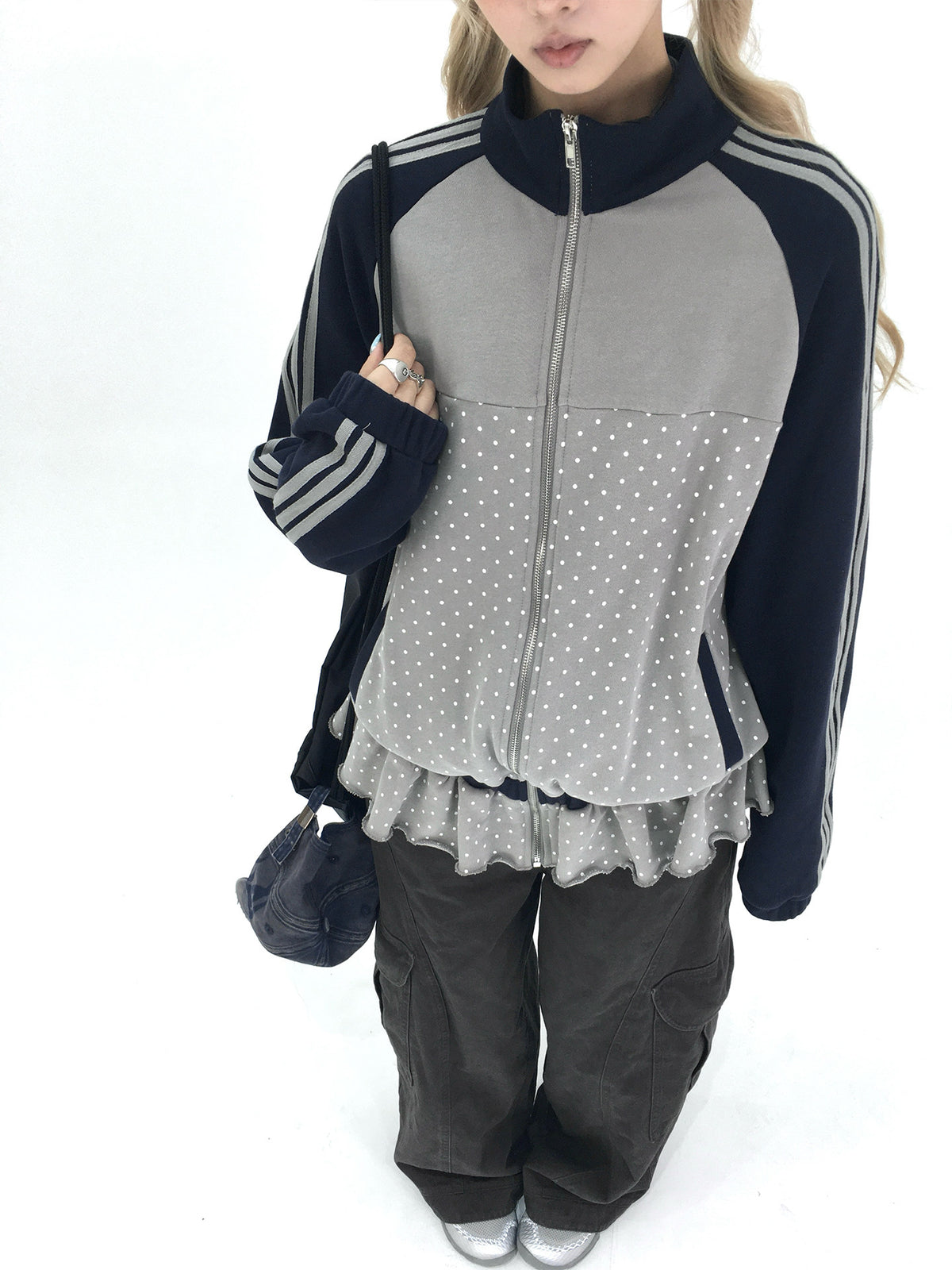 Gray Polka Dot Triple-Stripe Ruffle Zip Jacket