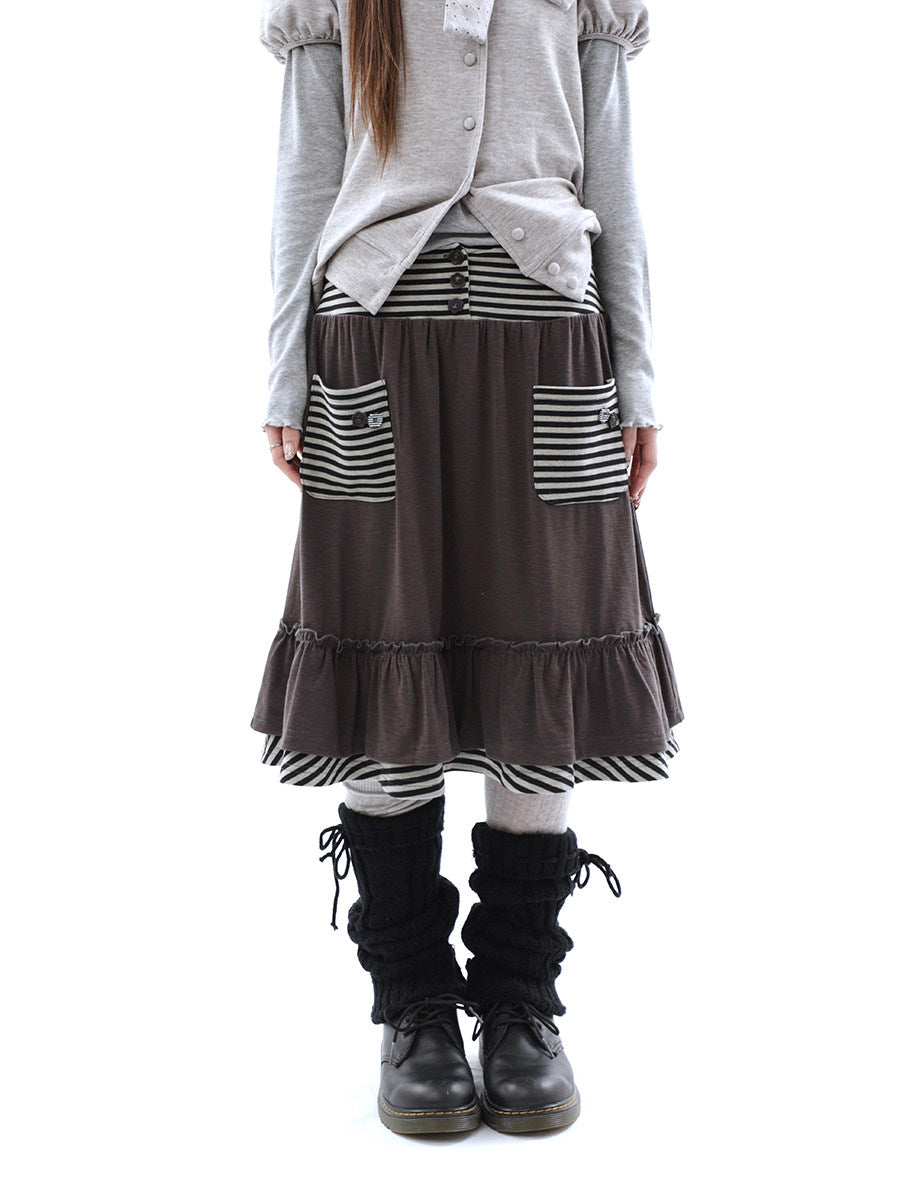 Striped Pocket Ruffle Layered Midi Skirt
