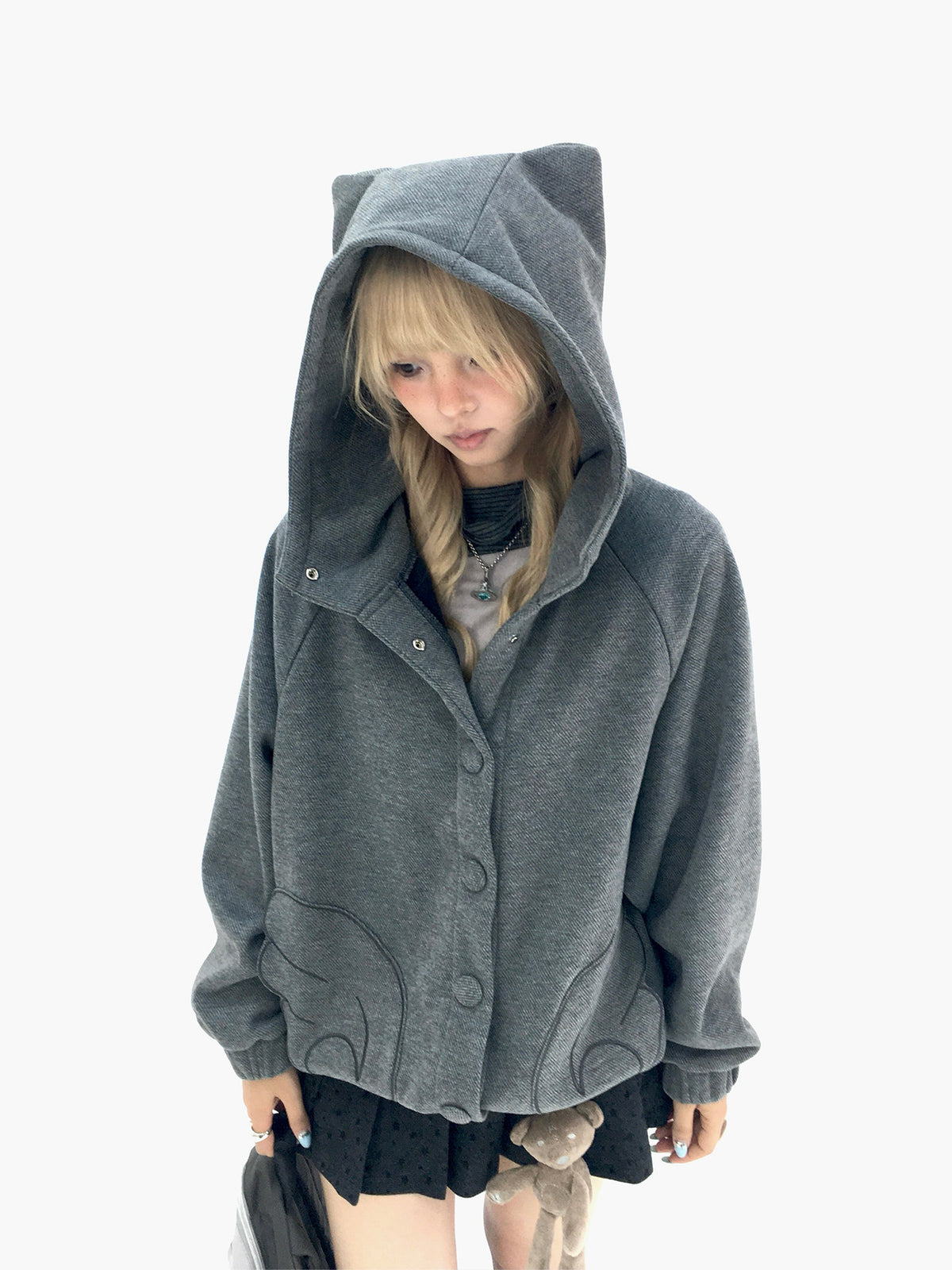Cloud Gray Cat Ear Wing Pocket Hooded Jacket