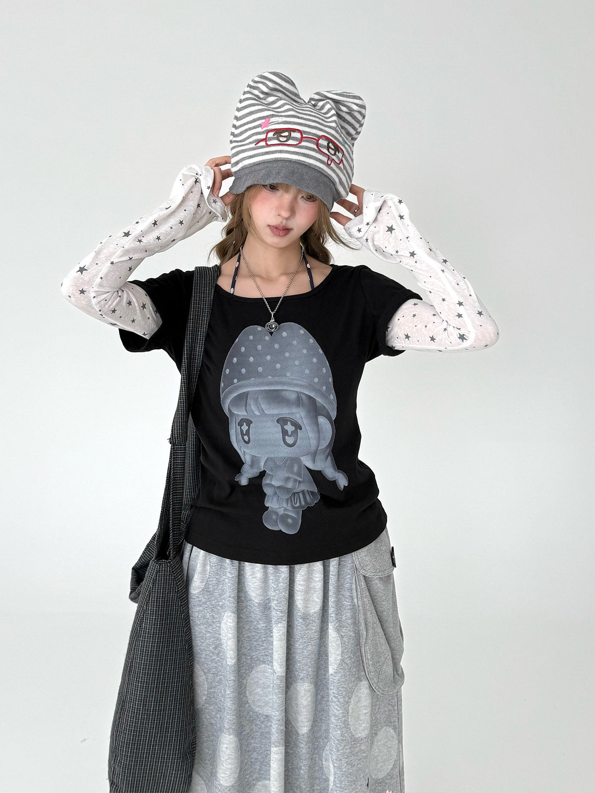 Mushroom Girl Star Faux-Layered Long Sleeve Tee