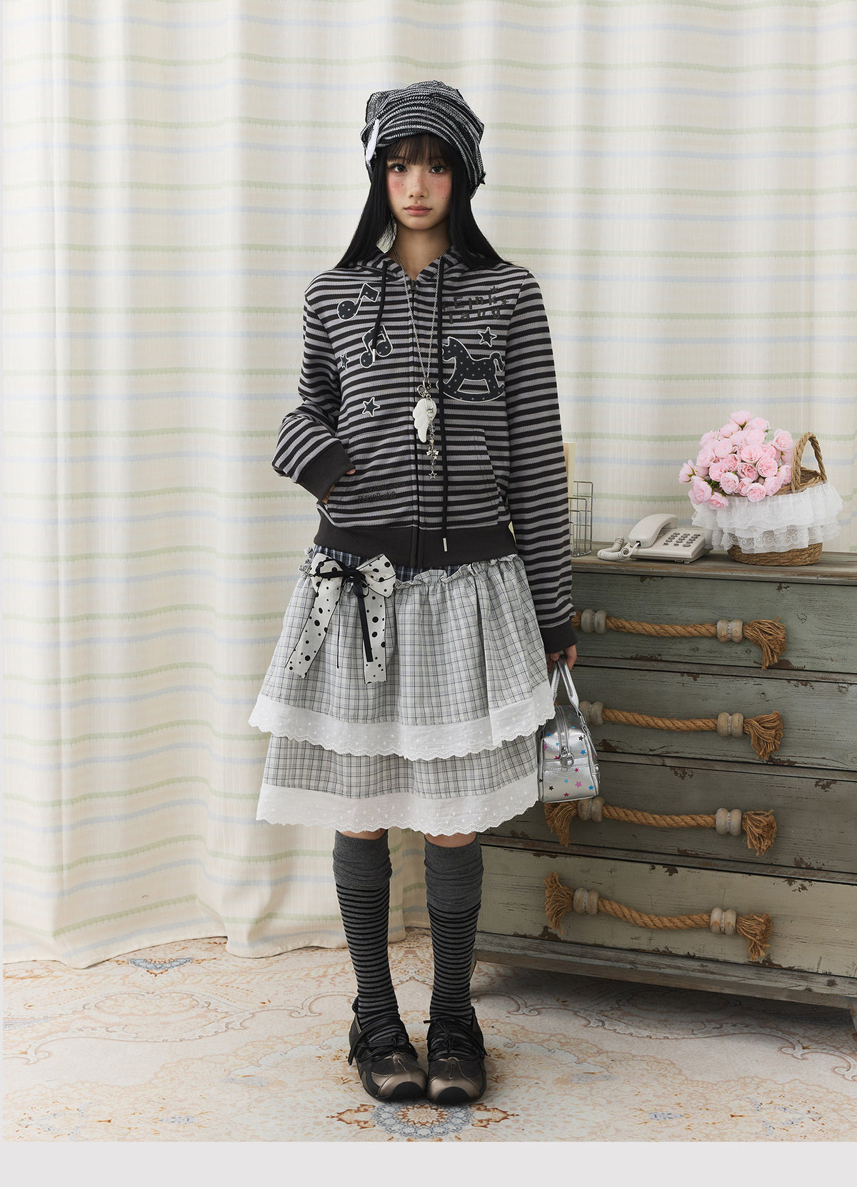 Asymmetric Plaid Lace Tiered Midi Skirt