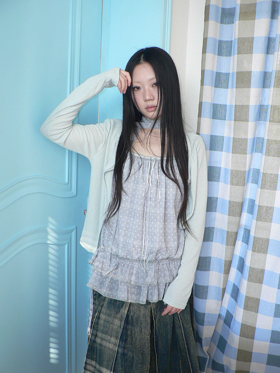 Polka Dot Ruffle Camisole & Cardigan Set with Scarf