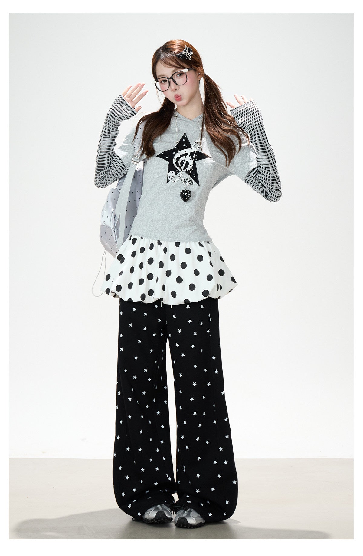 Music Note Star Layered Hoodie Top & Polka Dot Tie-Waist Wide-Leg Pants