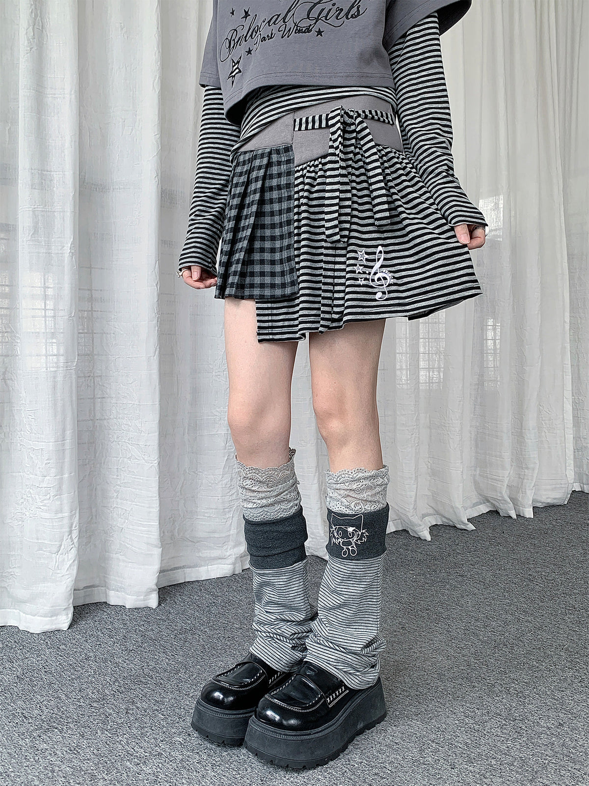 Music Note Plaid & Stripe Asymmetrical Mini Skirt