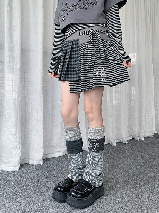 Music Note Plaid & Stripe Asymmetrical Mini Skirt