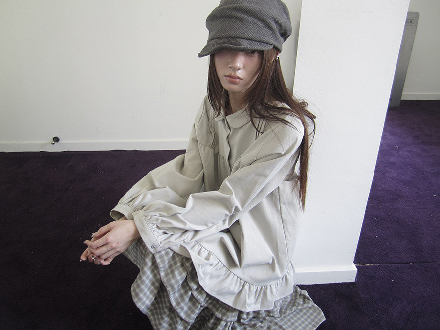 Pleated Ruffle Hem Button-Up Long Sleeve Blouse
