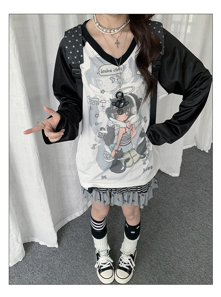 Angel Girl Graphic V-Neck Long Sleeve Top