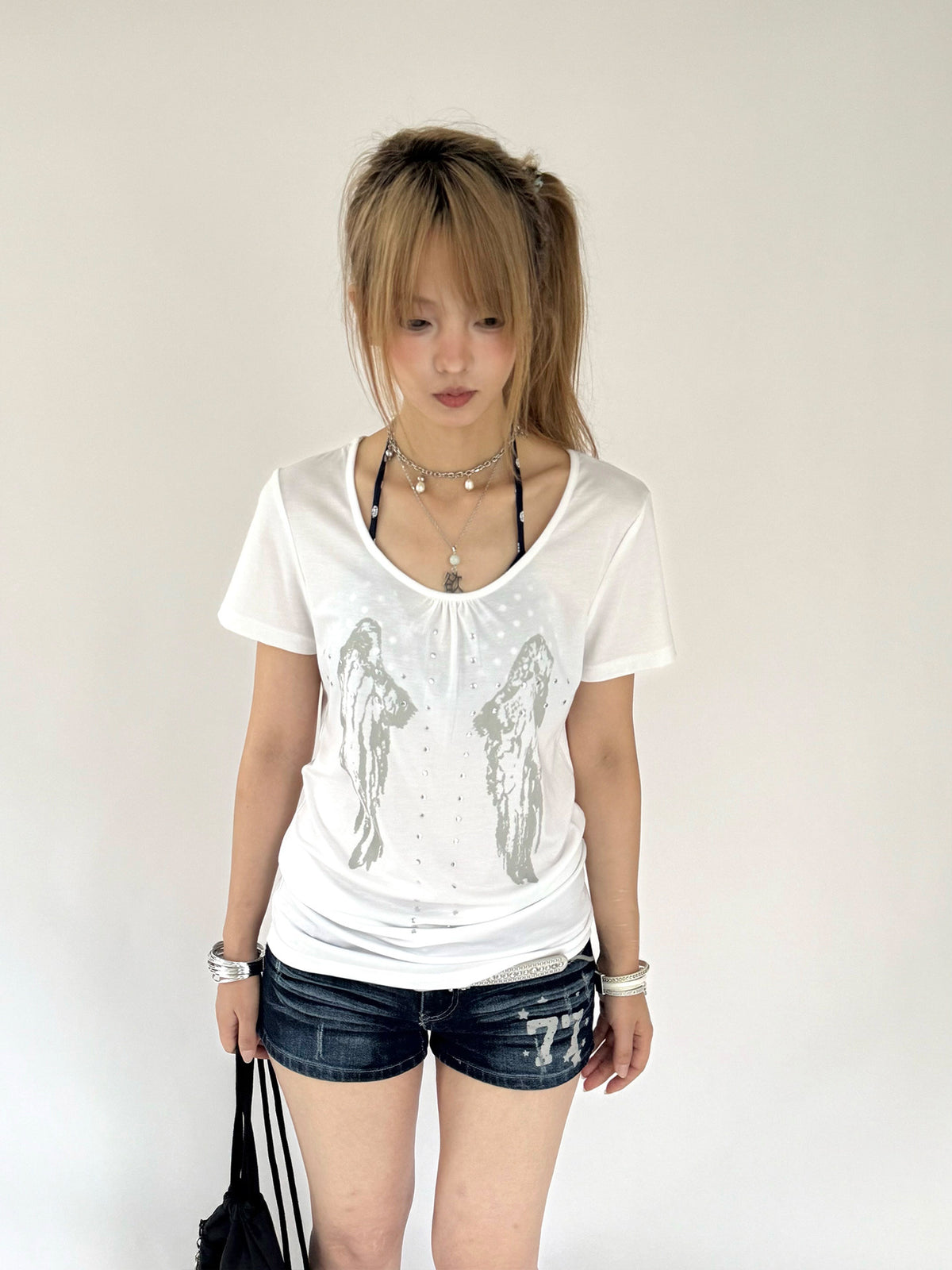 Angel Wing Rhinestone Ruched Tee