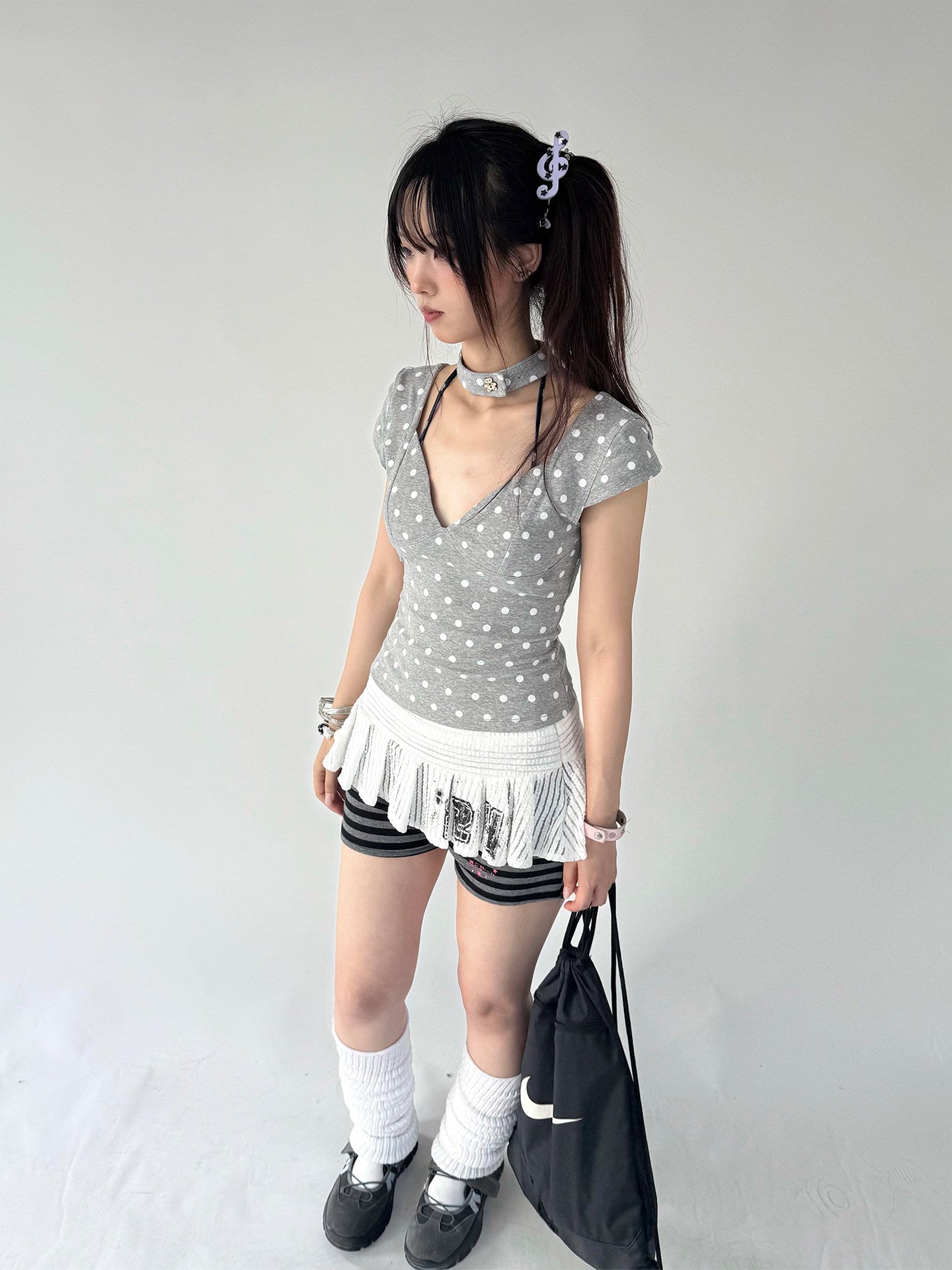 Mechanical Bear Polka Dot V-Neck Fitted Tee with Choker