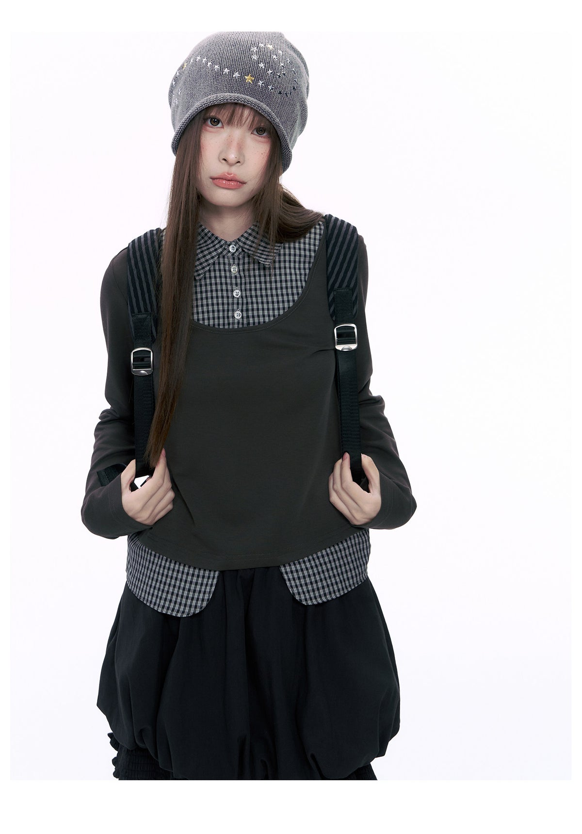 Plaid Collar Faux-Layer Long Sleeve Top