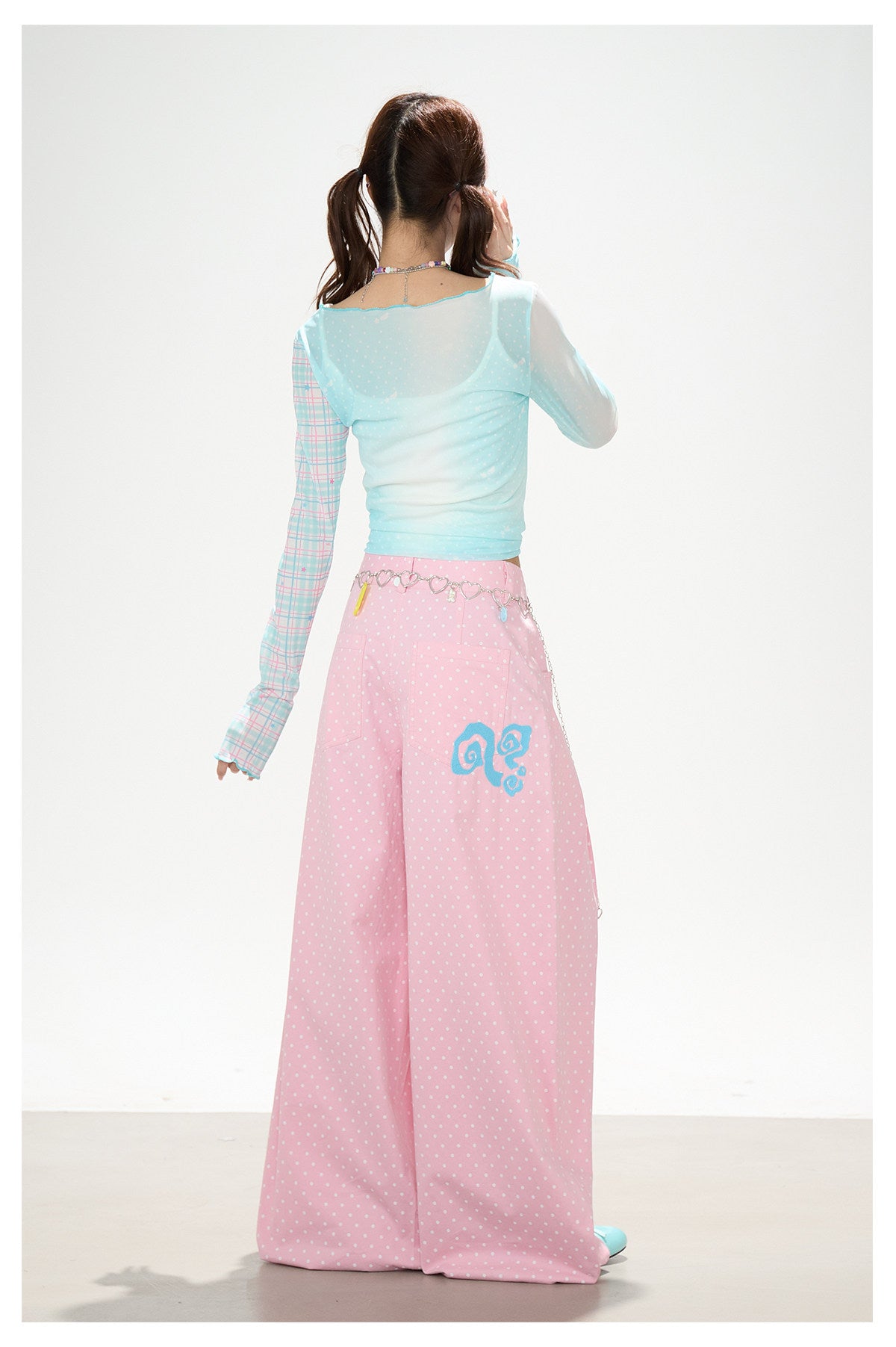 Apple Plaid Mesh Long Sleeve Top & Pink Polka Dot Wide Leg Pants