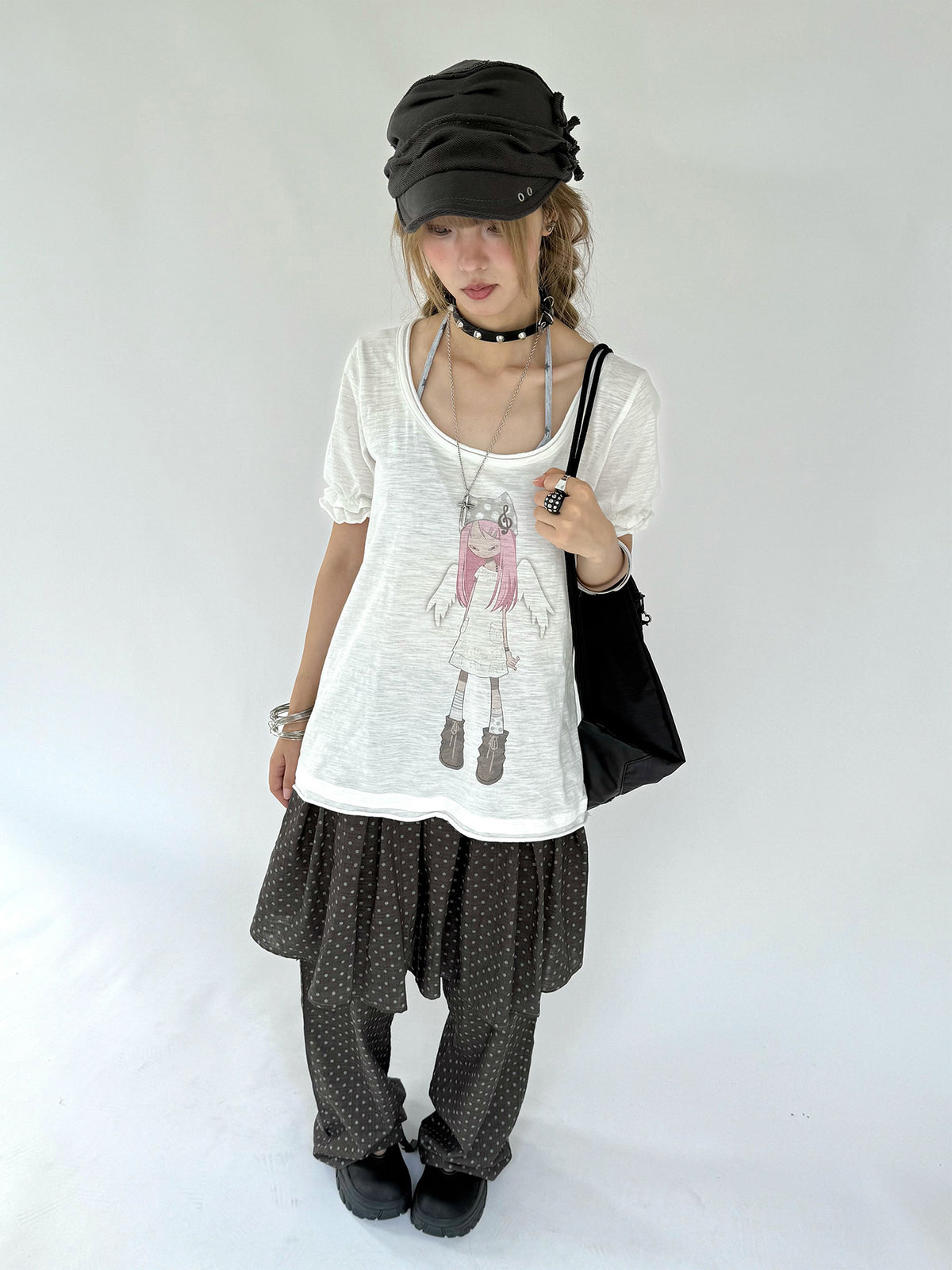 Polka Dot Layered Skirt Wide-Leg Pants