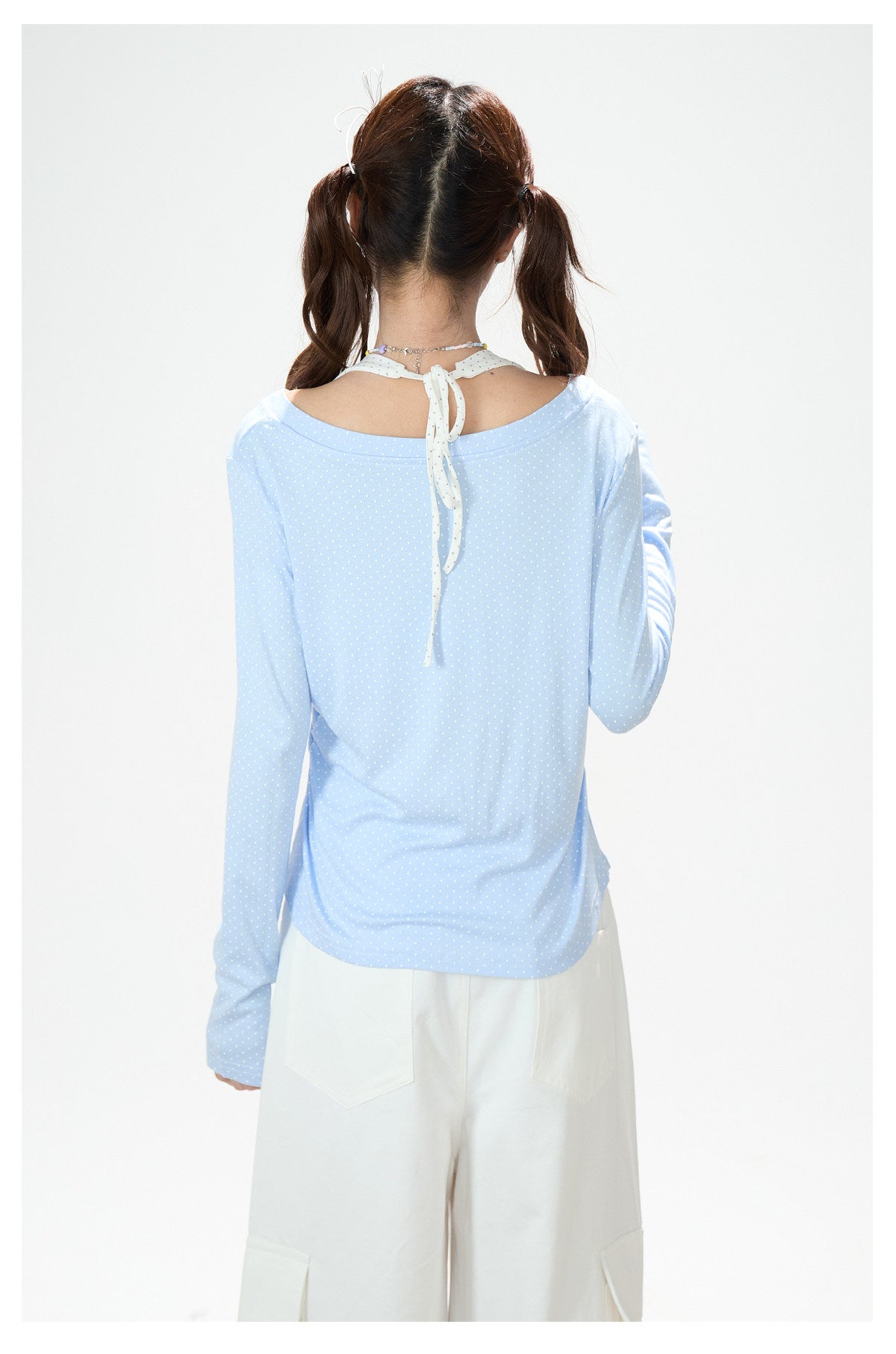 Dreamy Dolphin Polka-Dot V-Neck Long Sleeve Top & Gingham Ruffle Mini Skirt