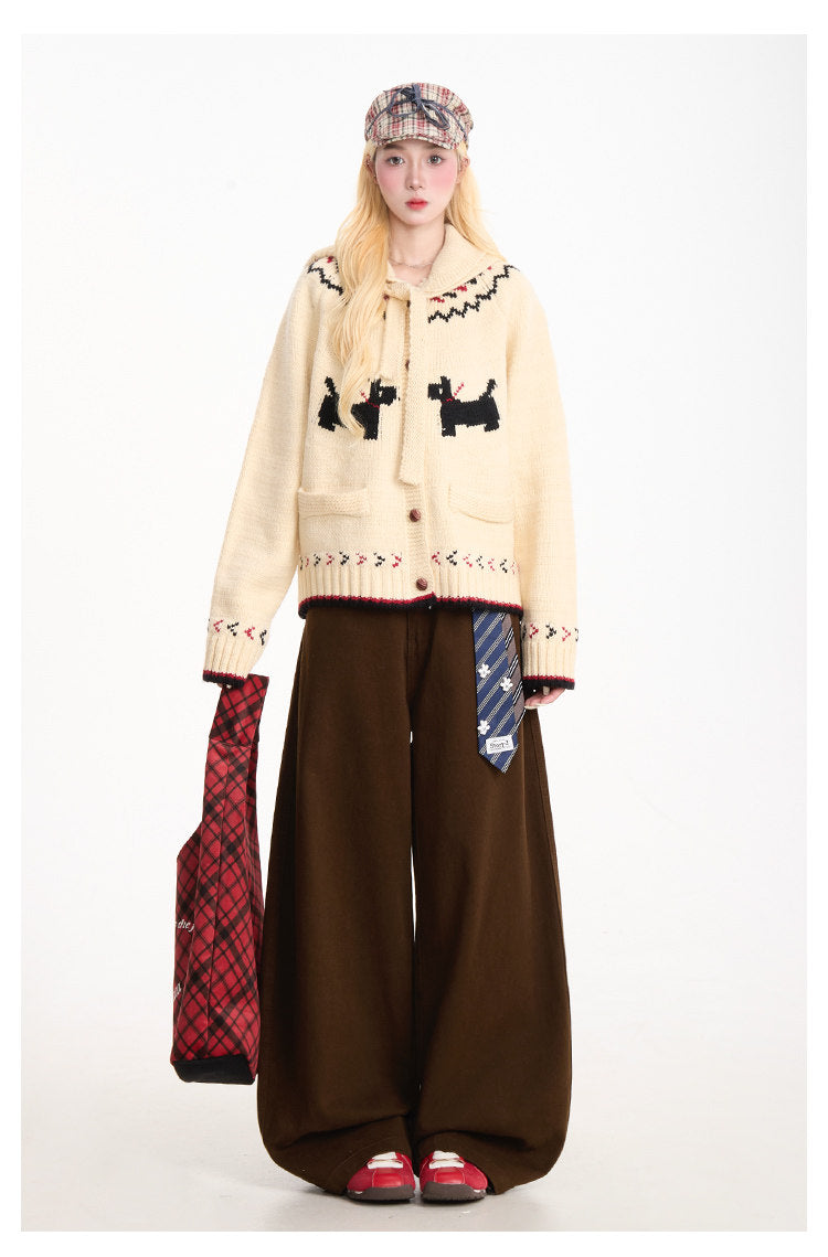 Curved-Leg Wide-Leg Pants with Detachable Tie