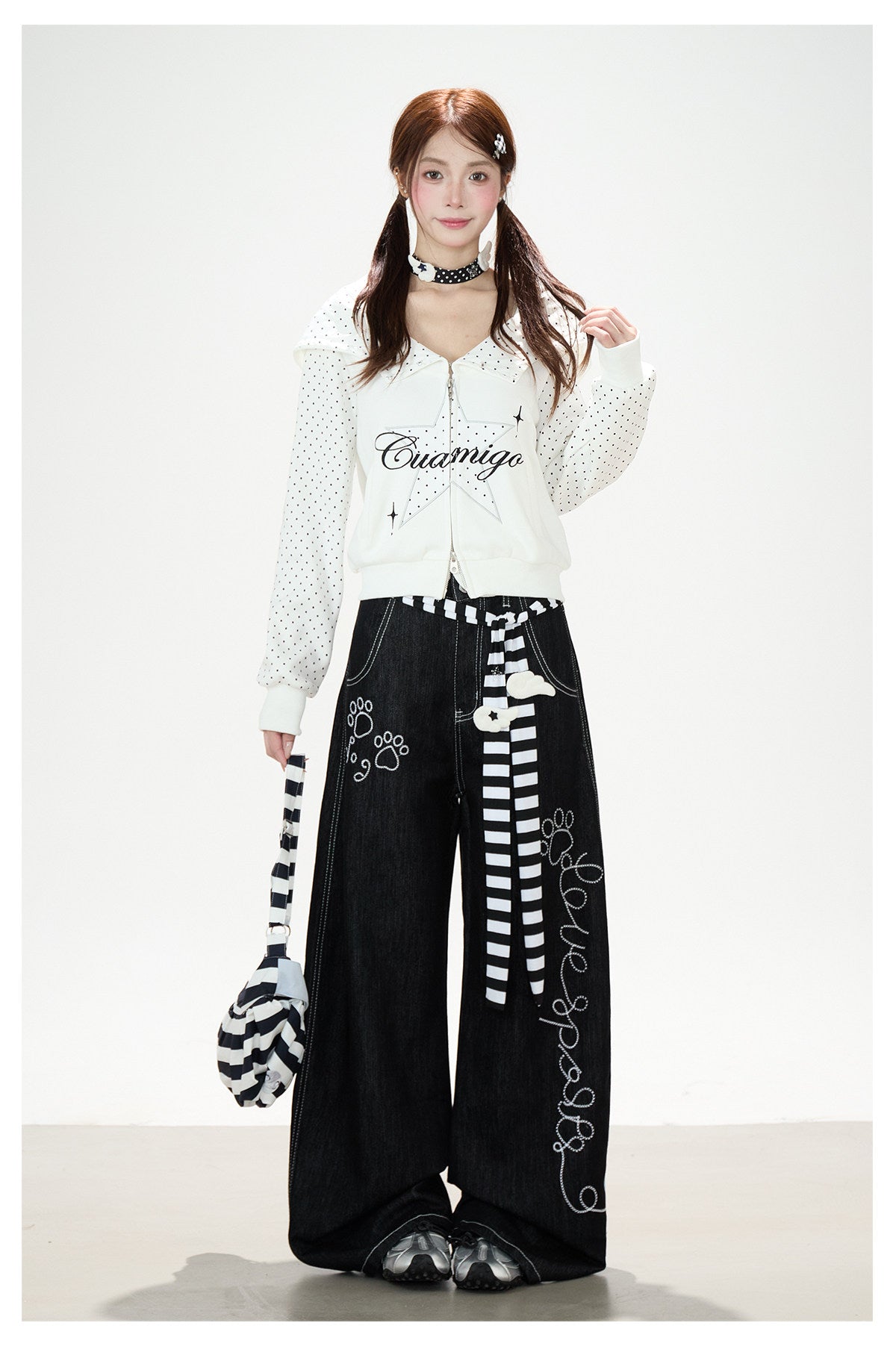 Star Polka-Dot Zip-Up Hoodie & Paw Print Wide-Leg Jeans