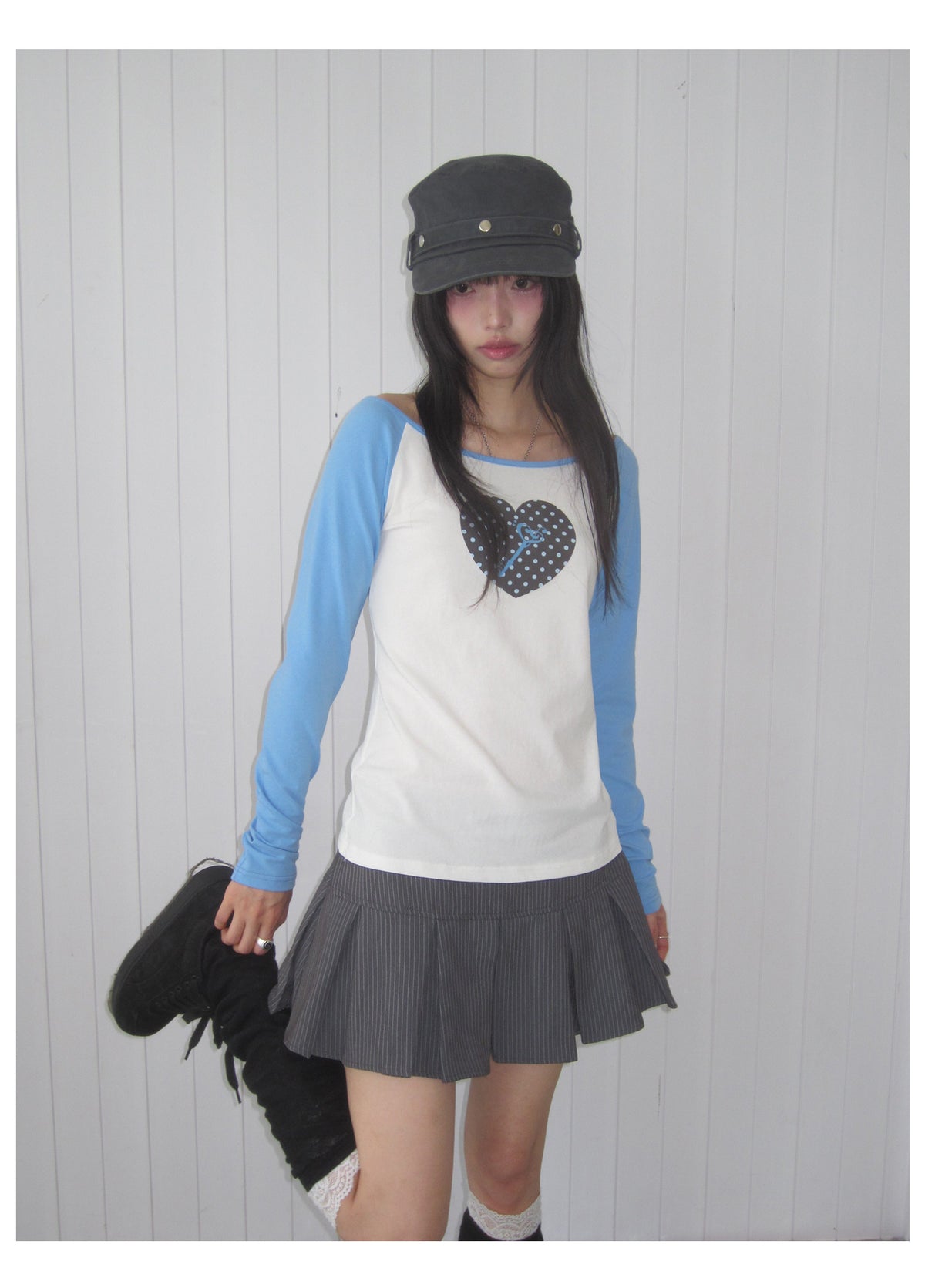 Polka Dot Heart Key Contrast Raglan Long Sleeve Tee